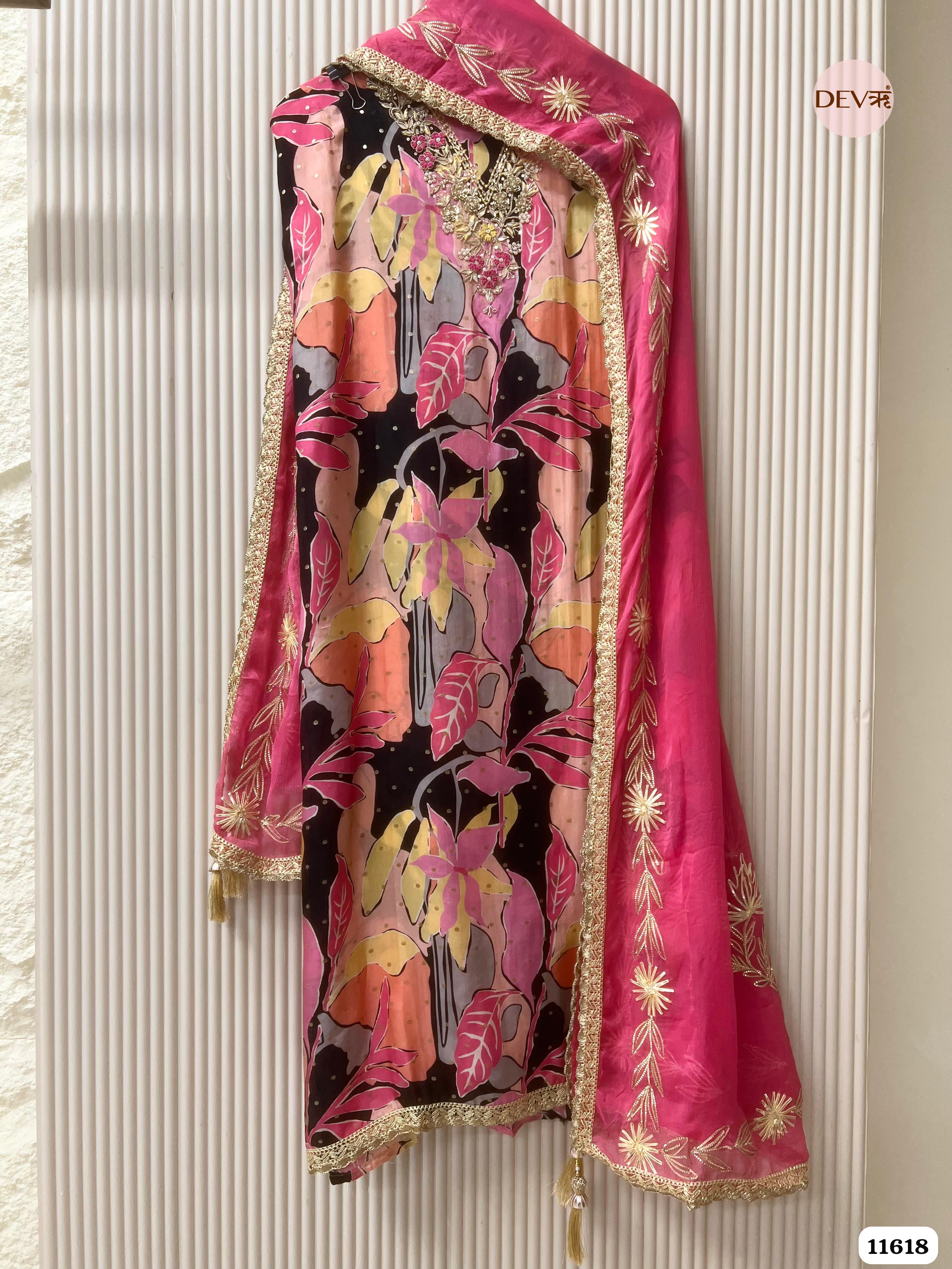 Pink Pure Organza Silk Unstitched Printed Hand Embroidered -Set Of 3 {11618}
