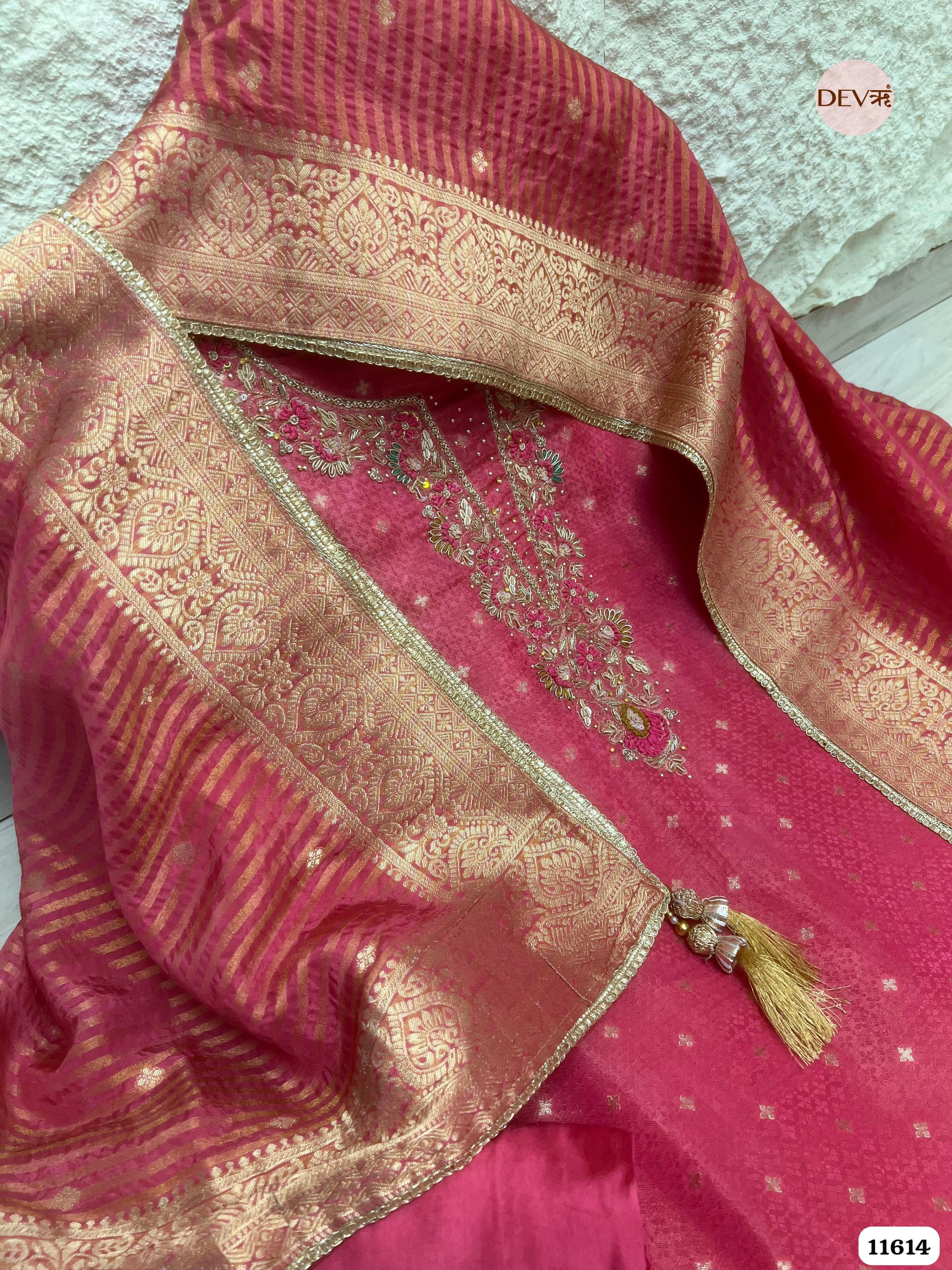 Rose Pink Pure Tissue Banarasi Silk Unstitched Hand Embroidered -Set Of 3 {11614}