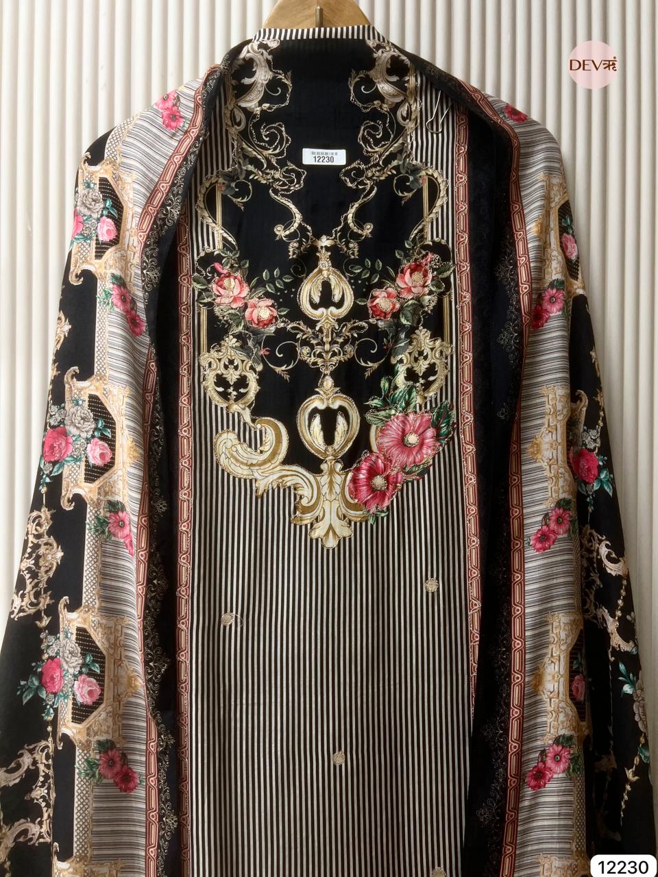 Black Pure Muslin Printed Unstitched 3-Piece Suit (Devri – D.No 12230)