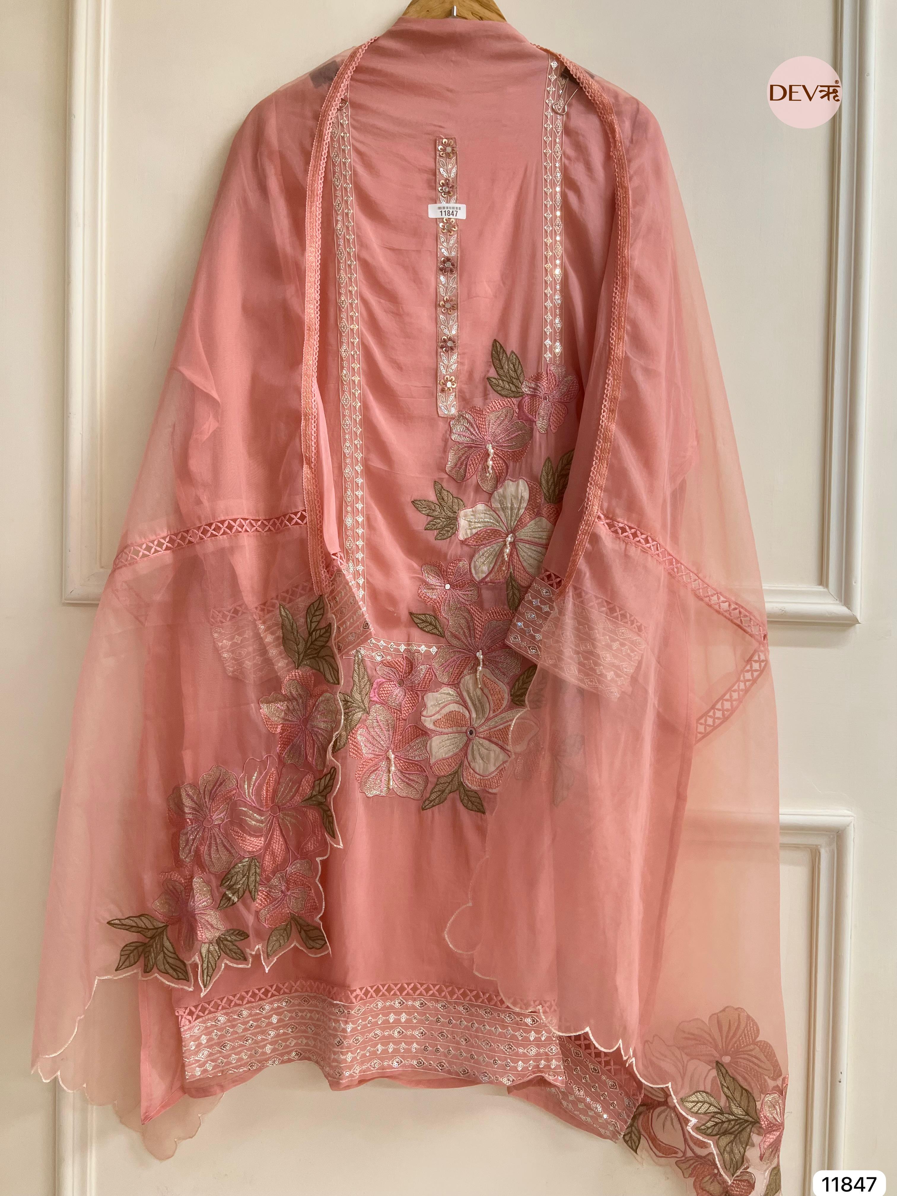 Light Pink Organza Semi Stitched Embroidered -Set Of 3- {11847}