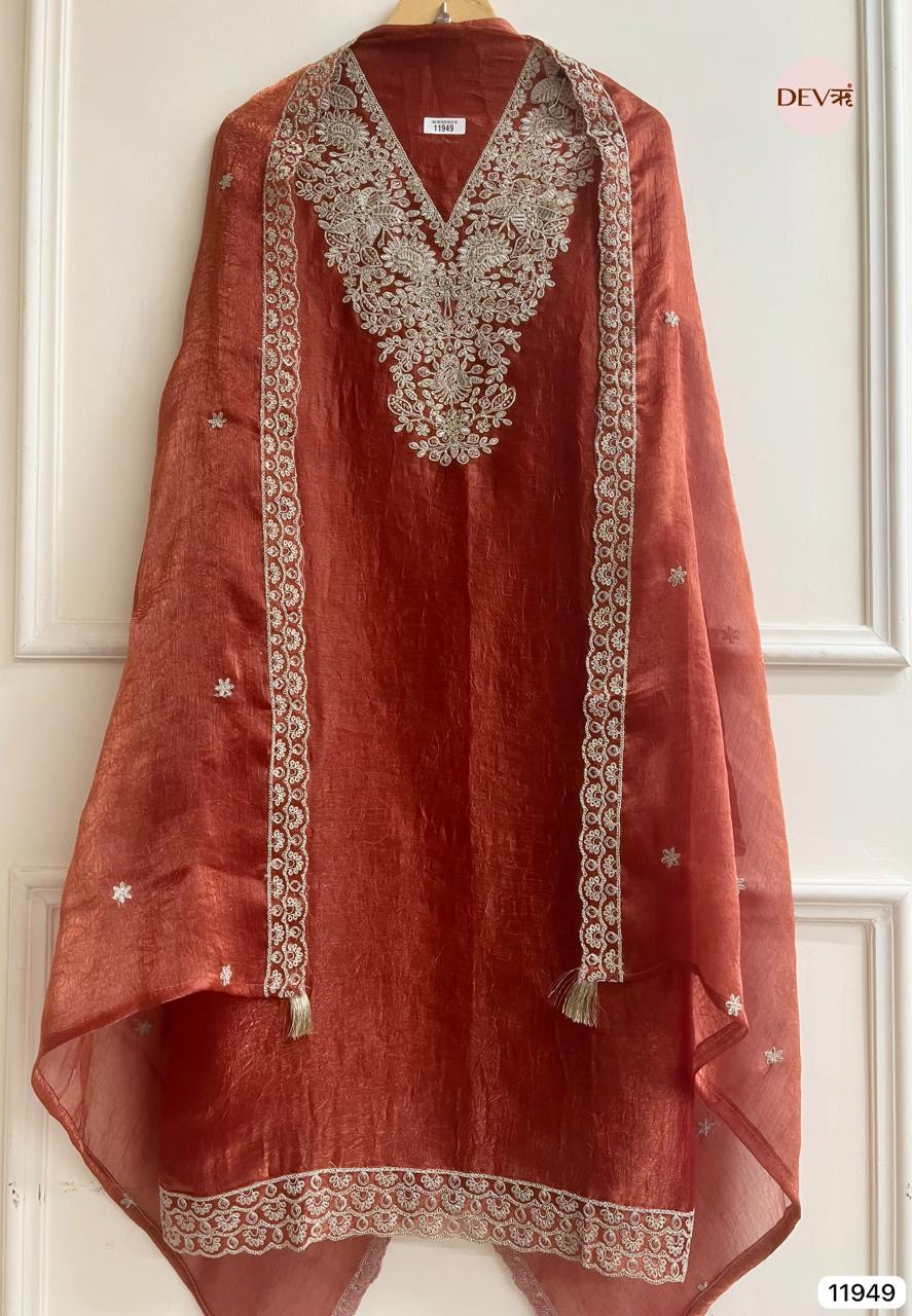 Rust Crush Tissue Embroidered Unstitched 3-Piece Suit (Devri – D.No 11949)
