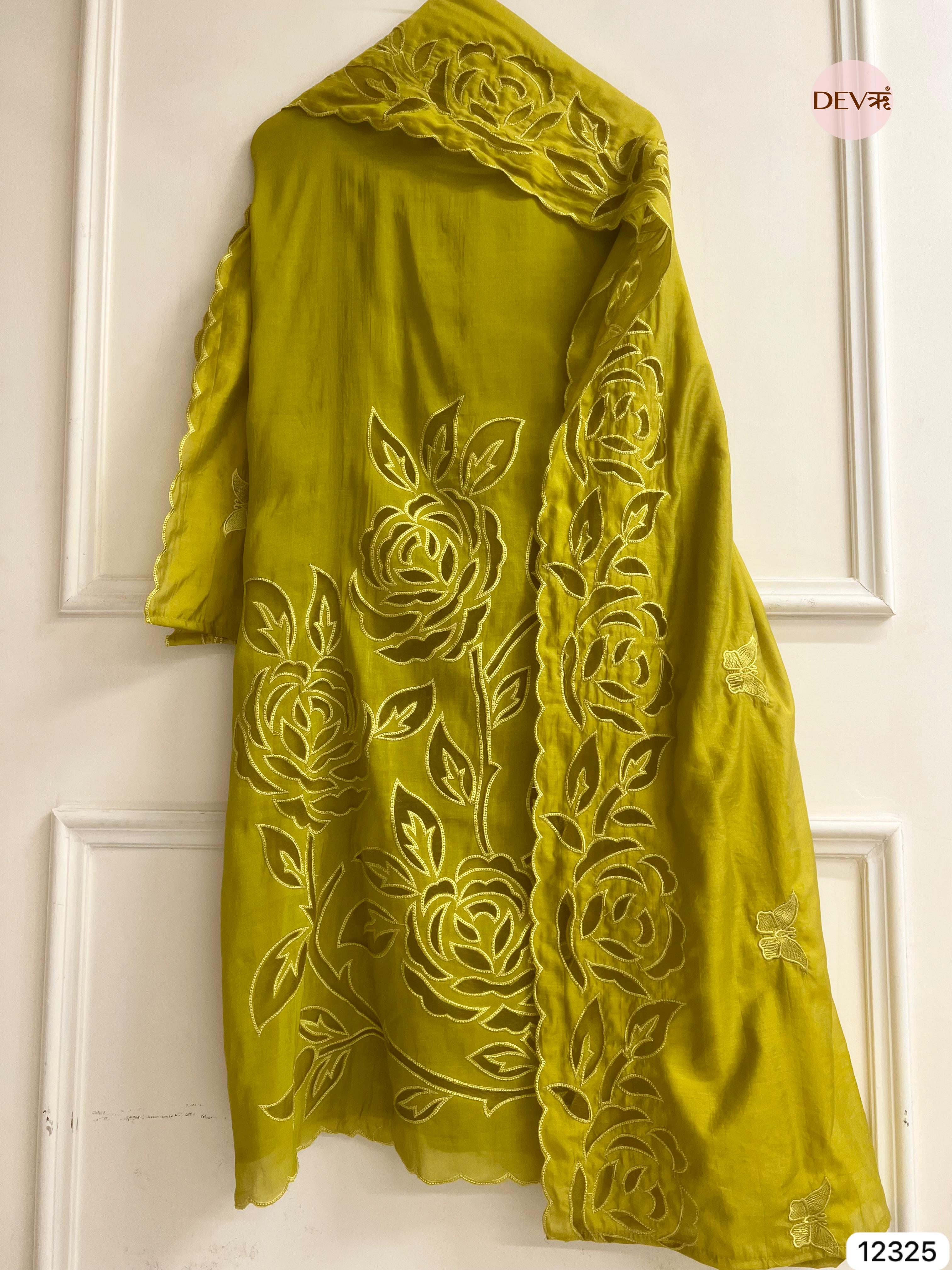 Lime Green Mul Chanderi Embroidered Unstitched 3-Piece Suit (Devri – D.No 12325)