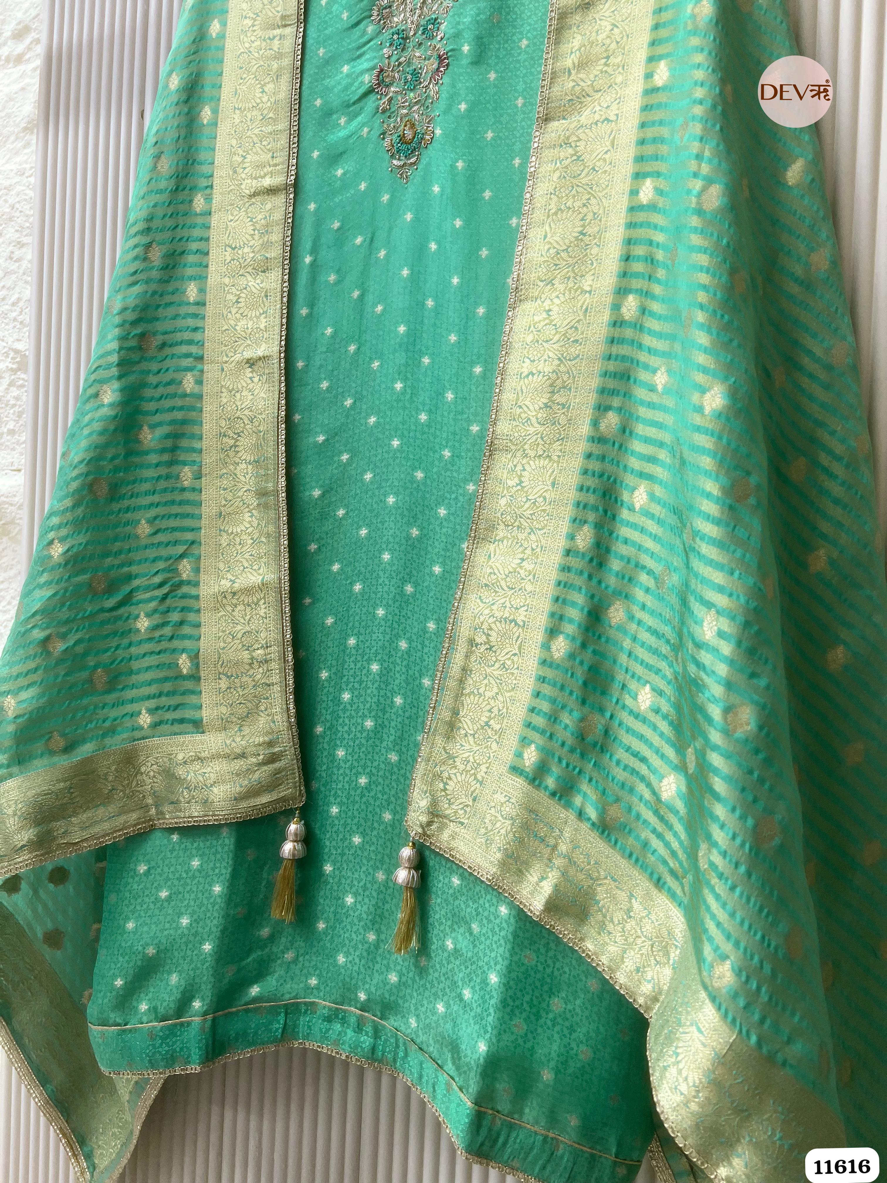 Green Pure Tissue Banarasi Silk Unstitched Hand Embroidered -Set Of 3 {11616}