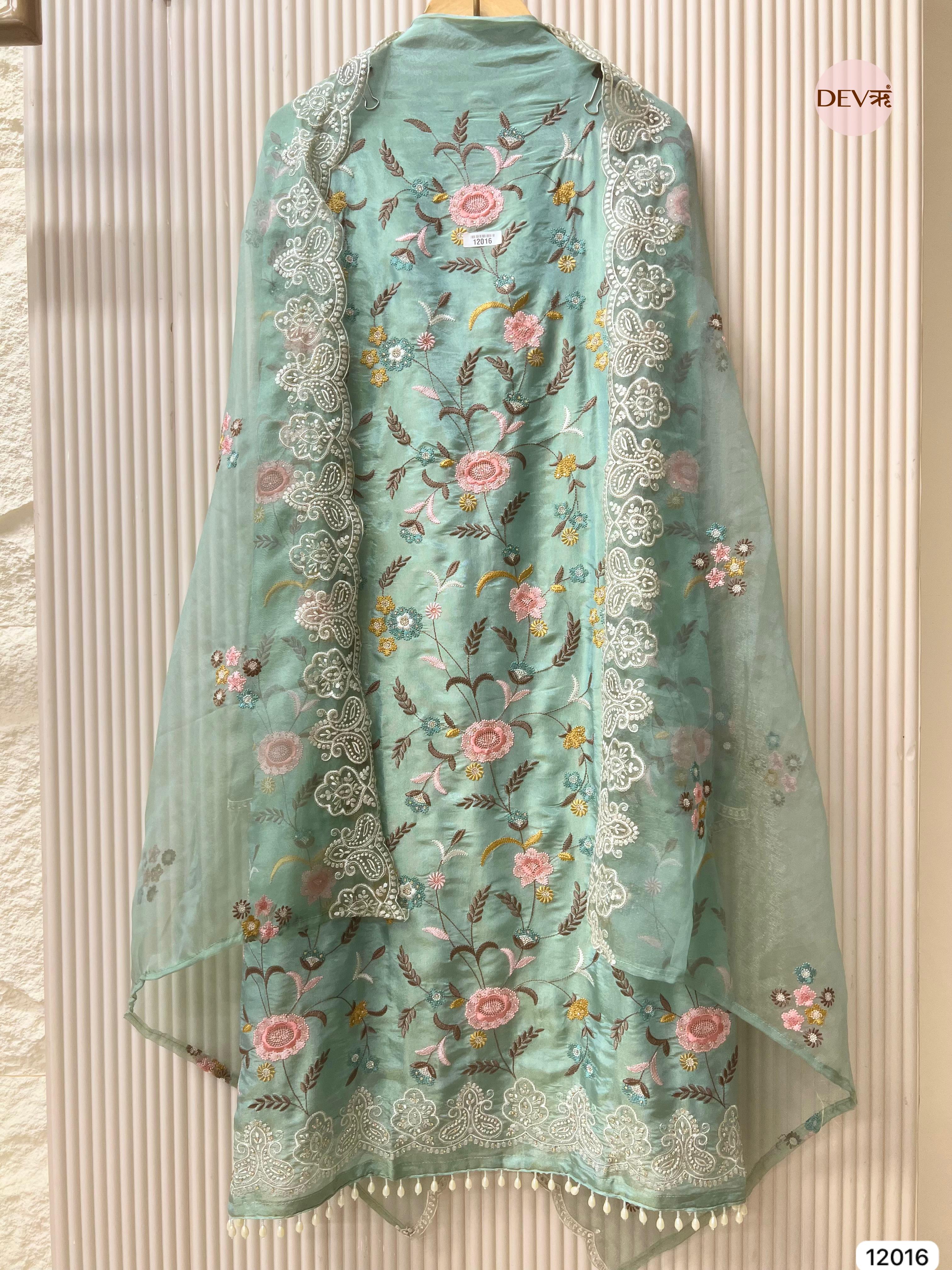 Blue Shimmer Tissue Silk Unstitched Embroidered -Set Of 3 - {12016}