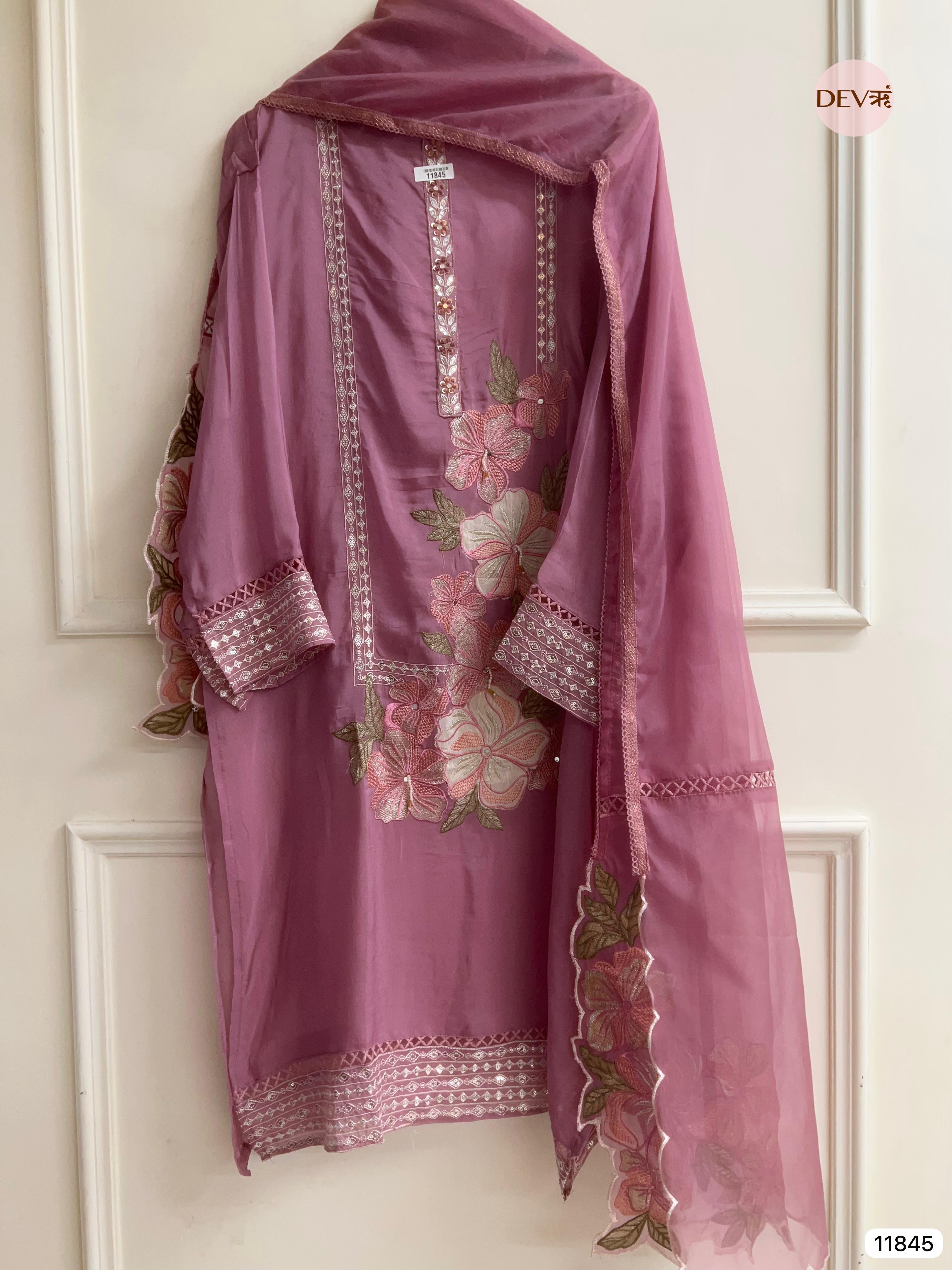 Purple Organza Semi Stitched Embroidered -Set Of 3- {11845}