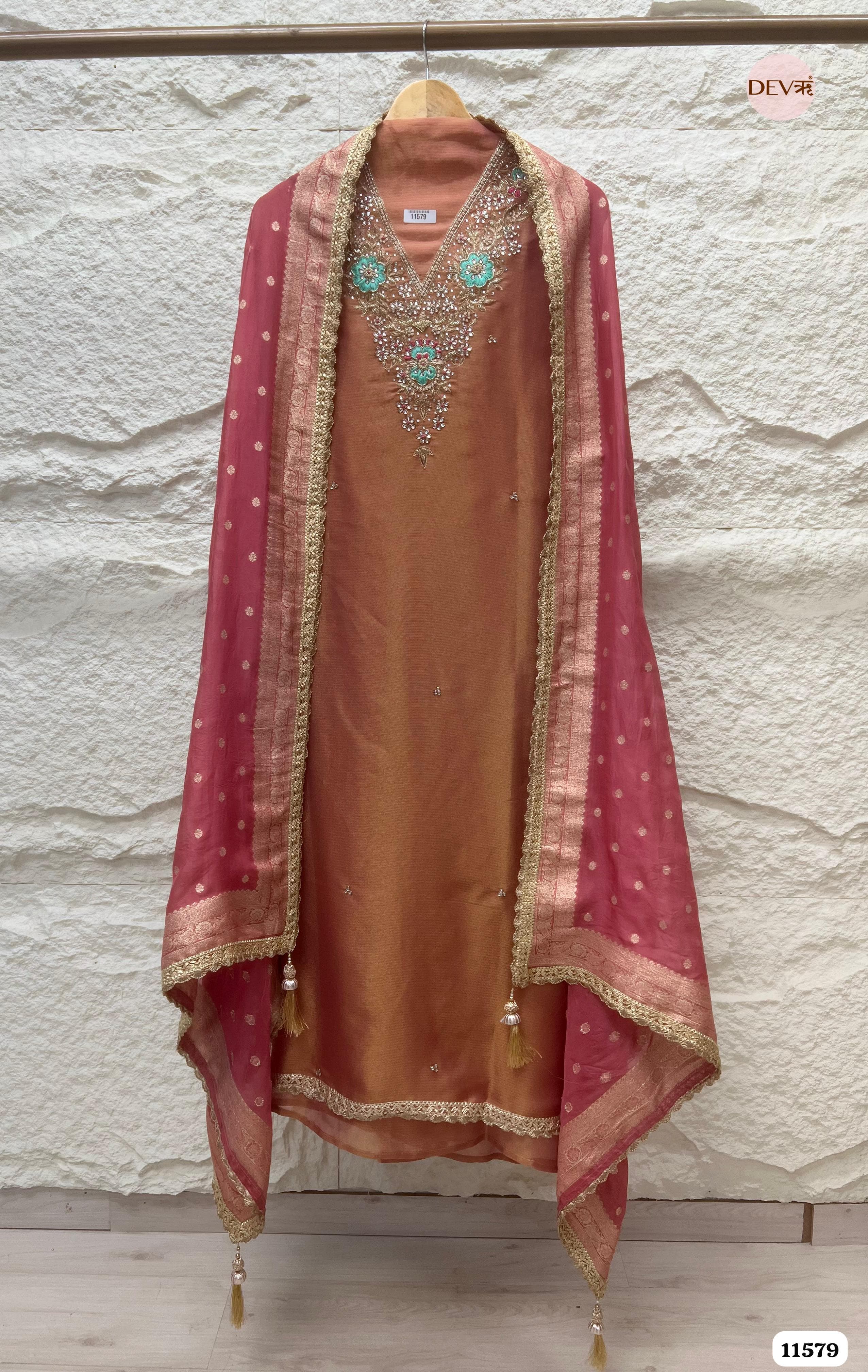 Light Brown Pure Tissue Silk Unstitched Hand Embroidered -Set Of 3 {11579}