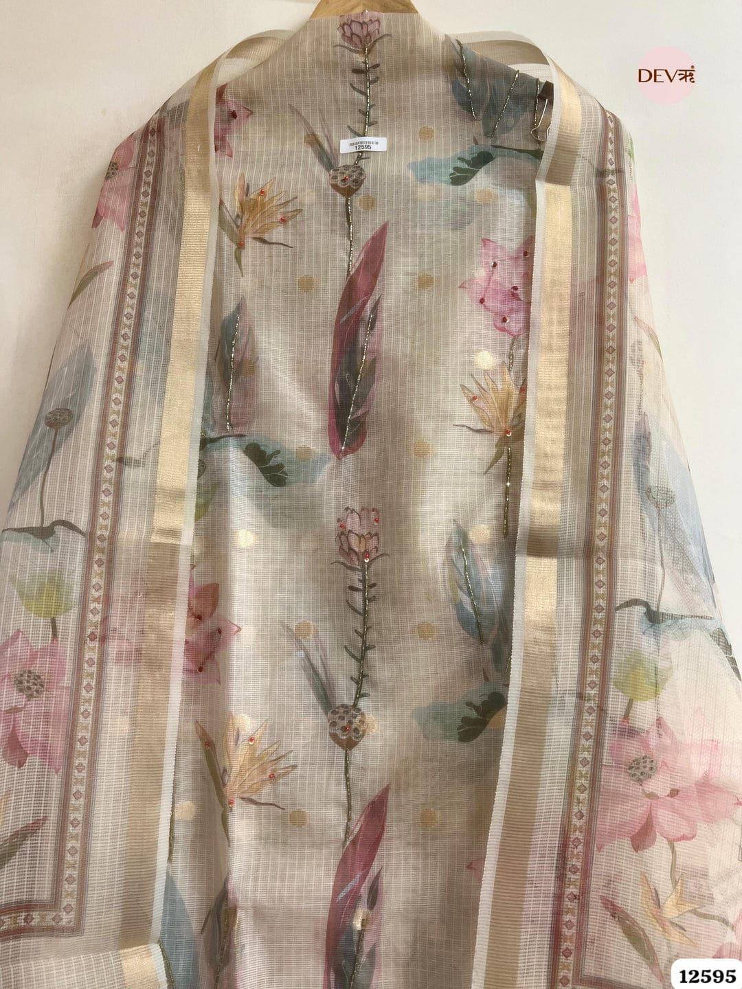 Beige Linen Cotton Floral Unstitched 3-Piece Suit (Devri – D.No 12595)