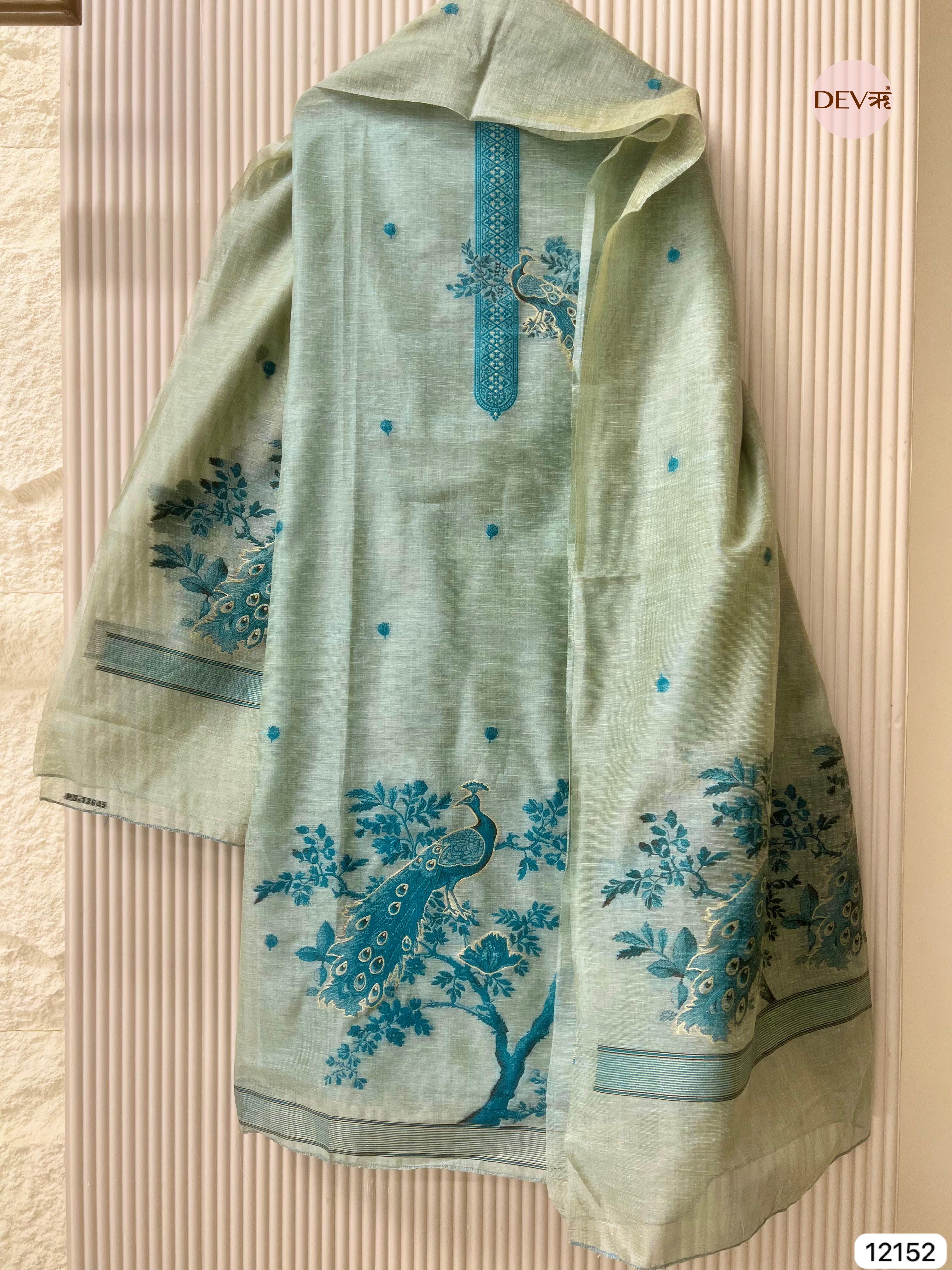 Light Green Pure Jamdani Linen Unstitched-Set Of 3- {12152}