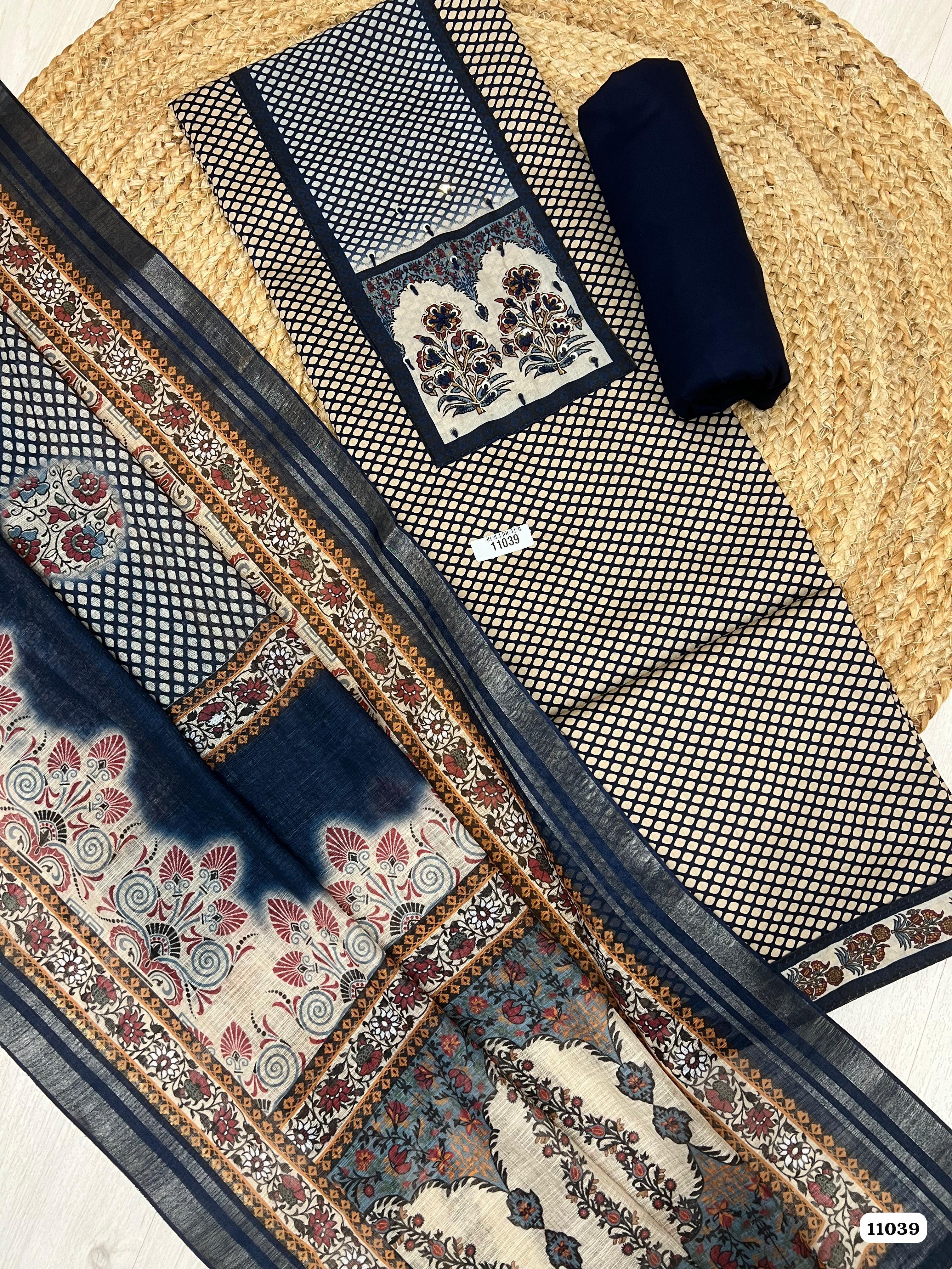 Blue Cotton Unstitched Printed Hand Embidered -Set Of 3