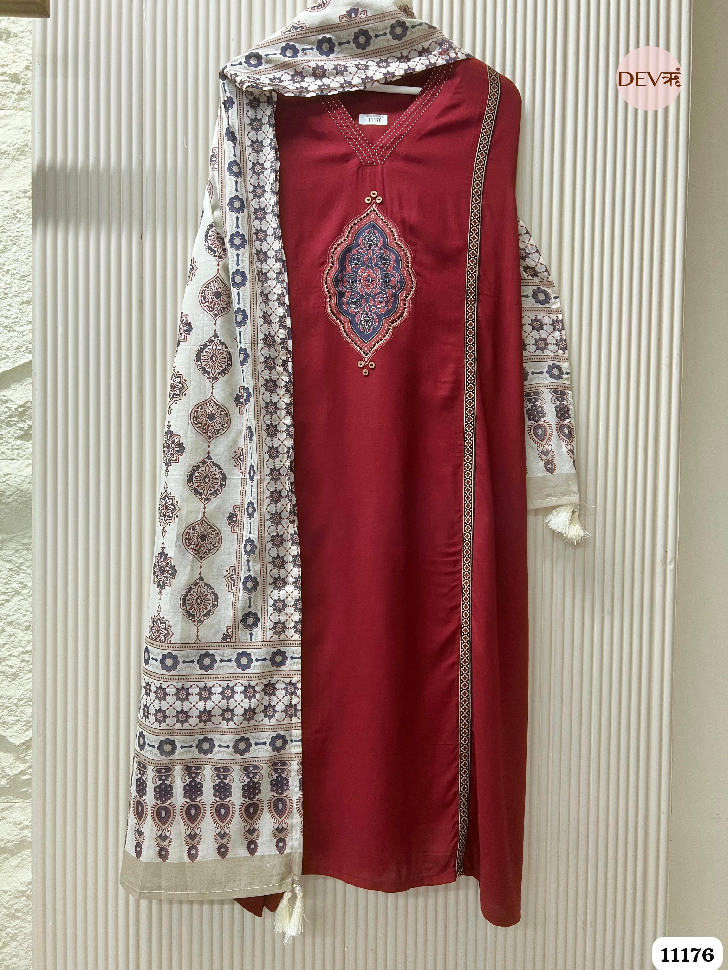 Maroon Slub Cotton Unstitched Hand Embroidered -Set Of 3 {11176}