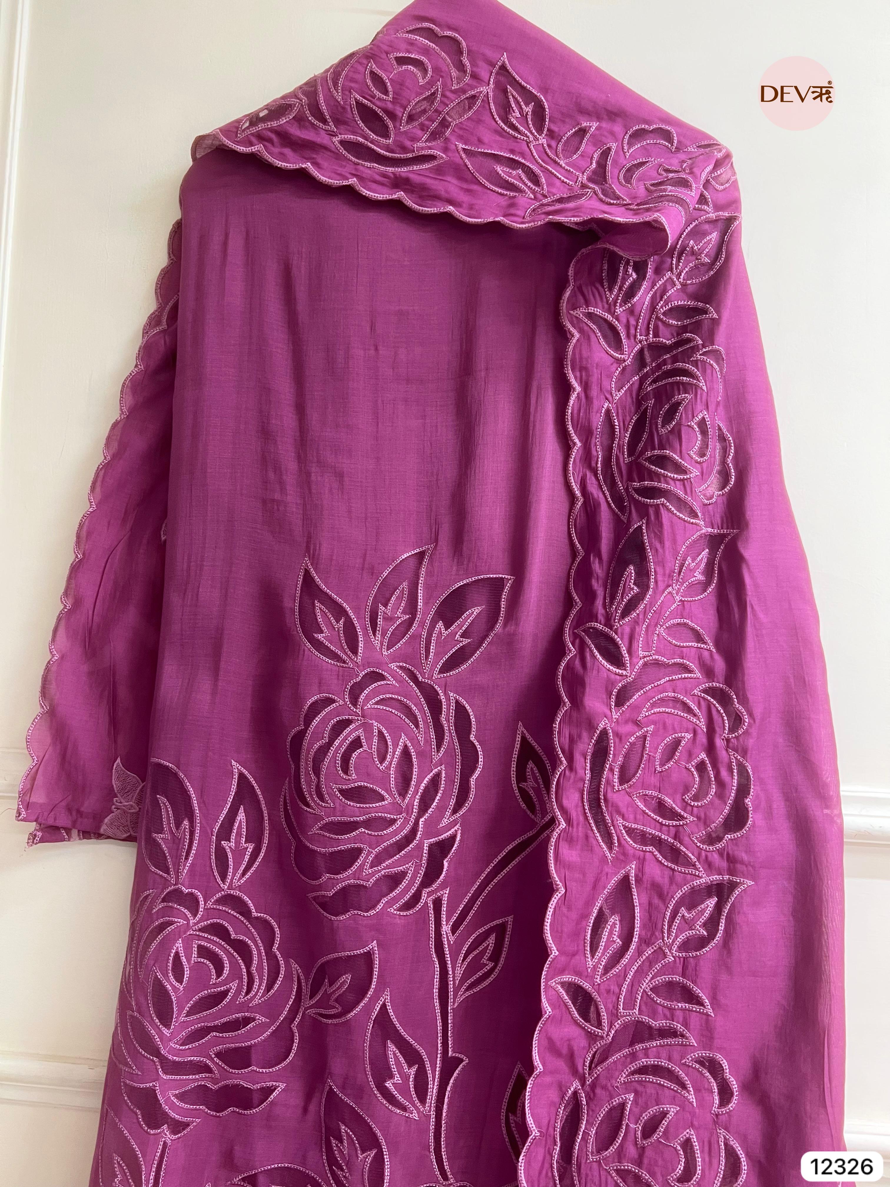 Magenta Mul Chanderi Embroidered Unstitched 3-Piece Suit (Devri – D.No 12326)