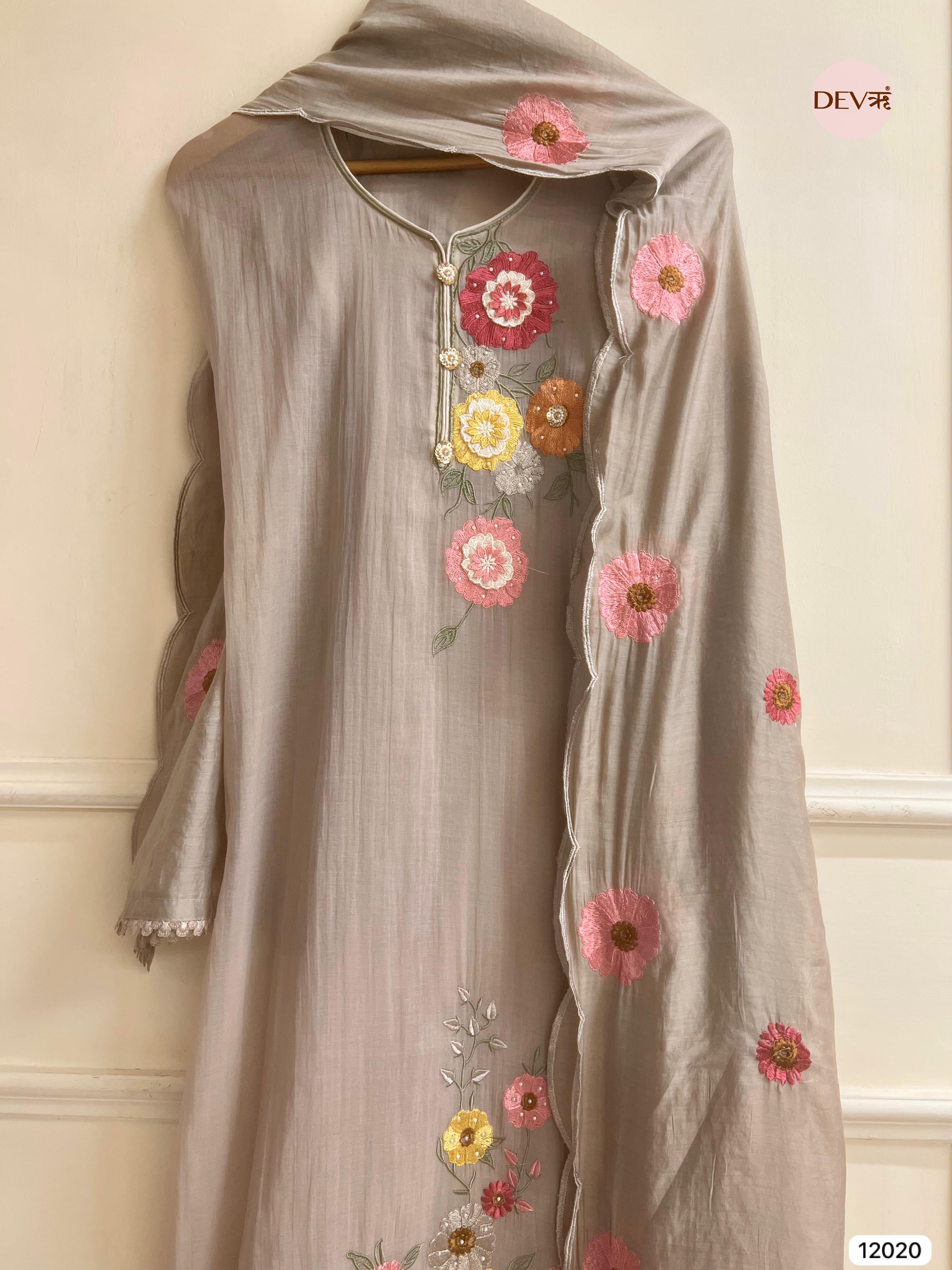 Brownish-Grey Pure Mul Chanderi Unstitched Embroidered -Set Of 3 - {12020}