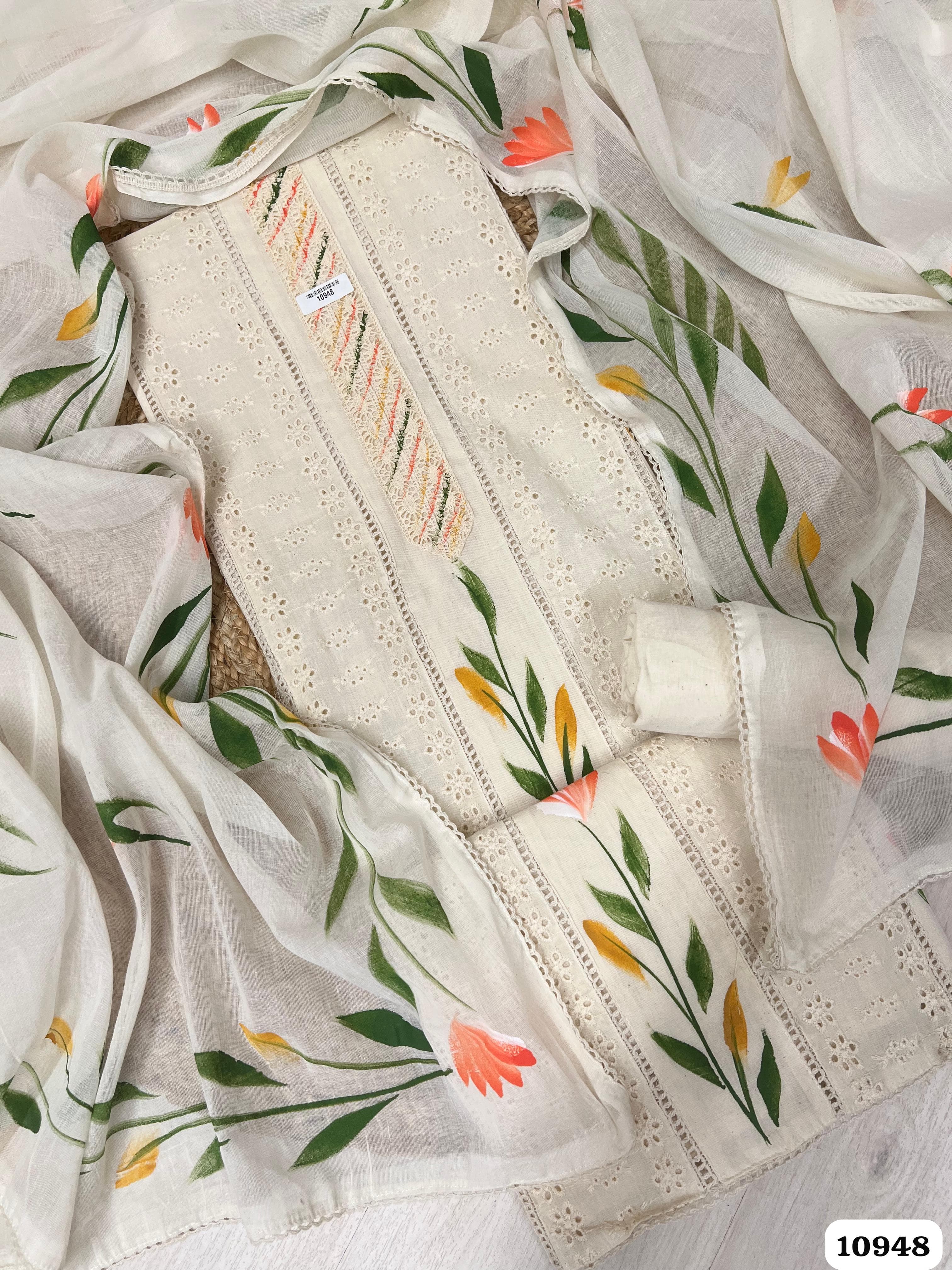 White Cotton Unstitched Printed Embroidered -Set Of 3