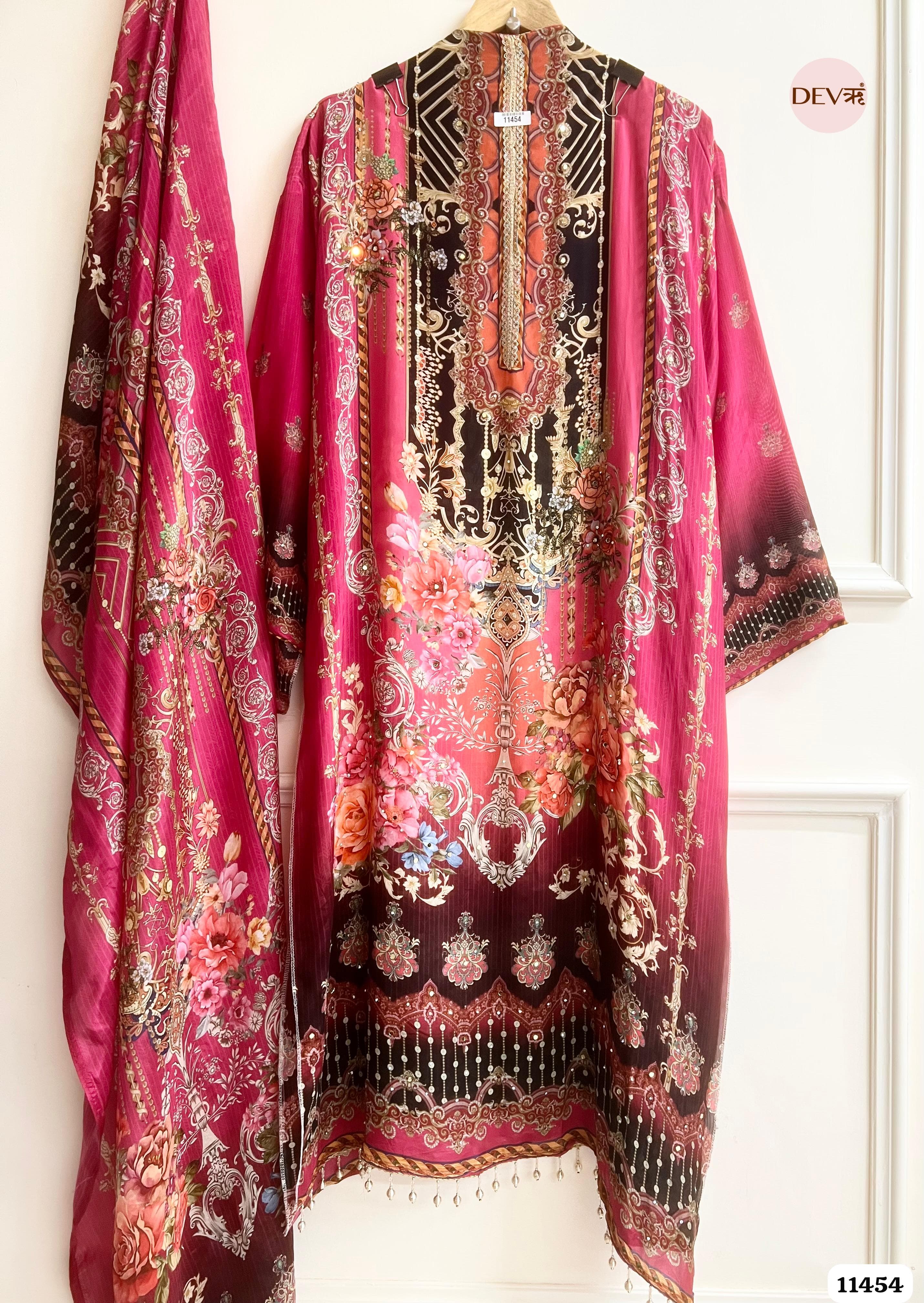 Pink organza Silk Printed Semi - Stitched Hand Embroidered -Set Of 3 {11454}