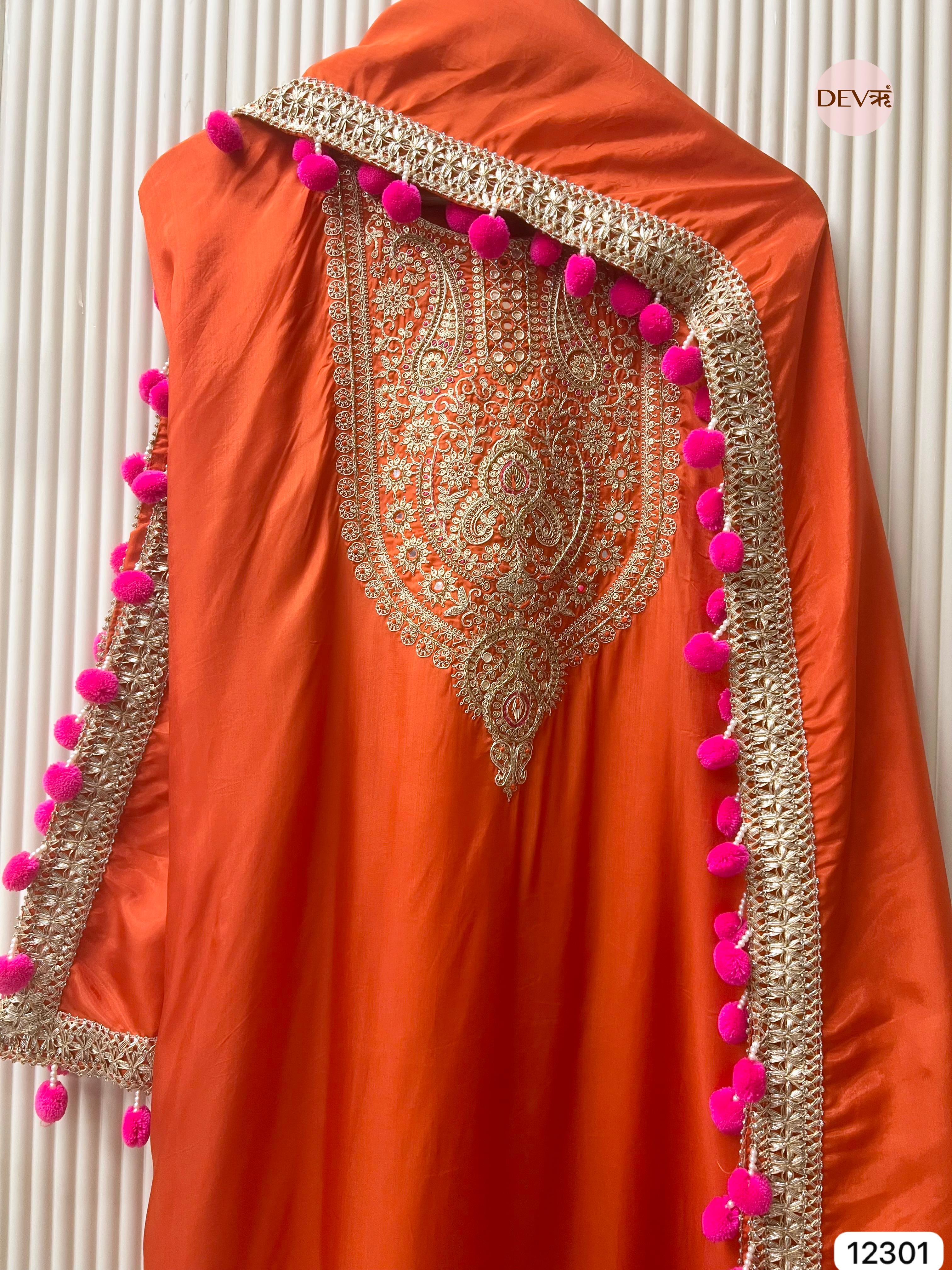 Orange Glass Organza Embroidered Unstitched 3-Piece Suit (Devri – D.No 12301)