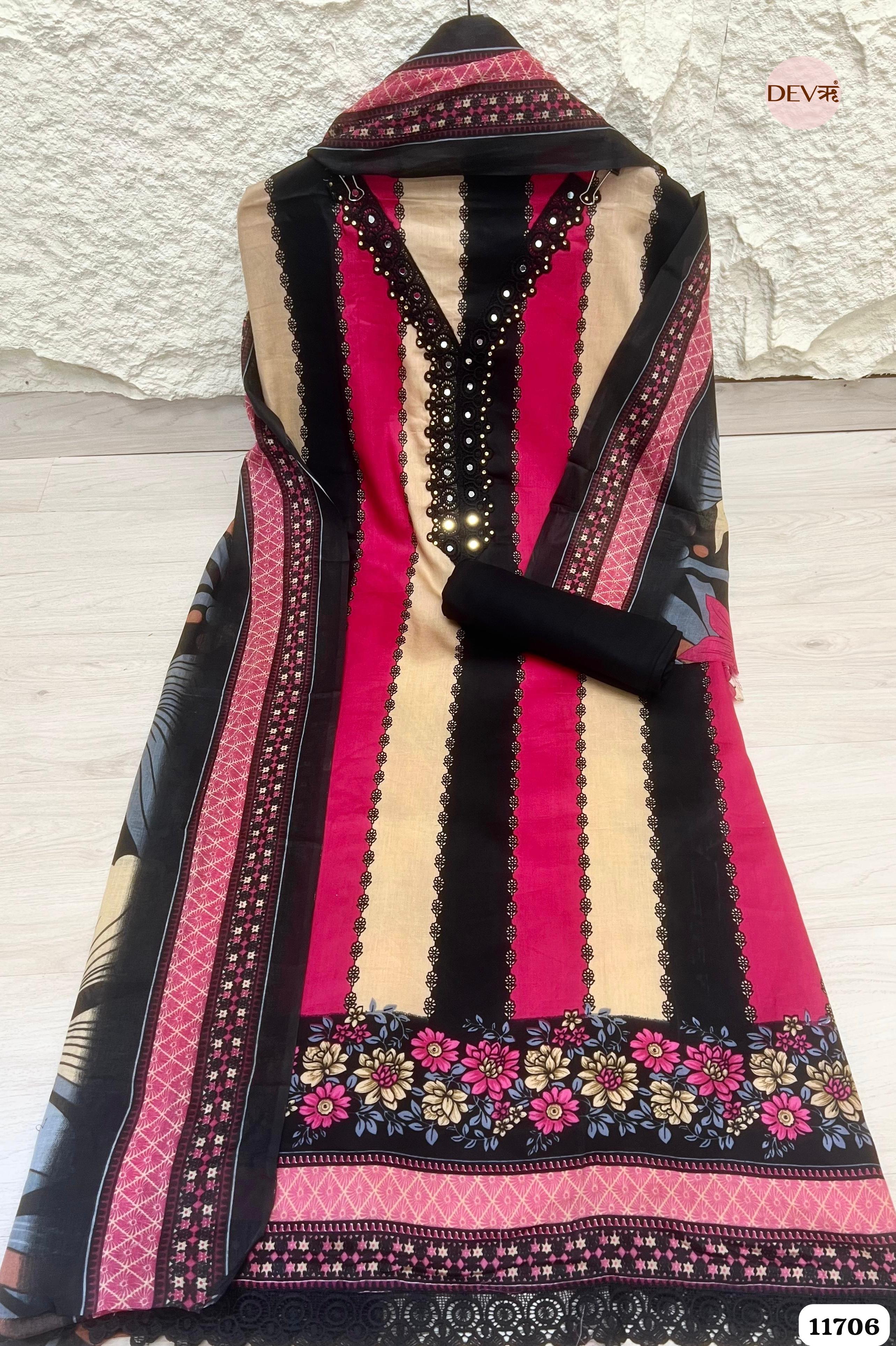Multi Colour Cotton Unstitched Printed Embroidered -Set Of 3 {11706}