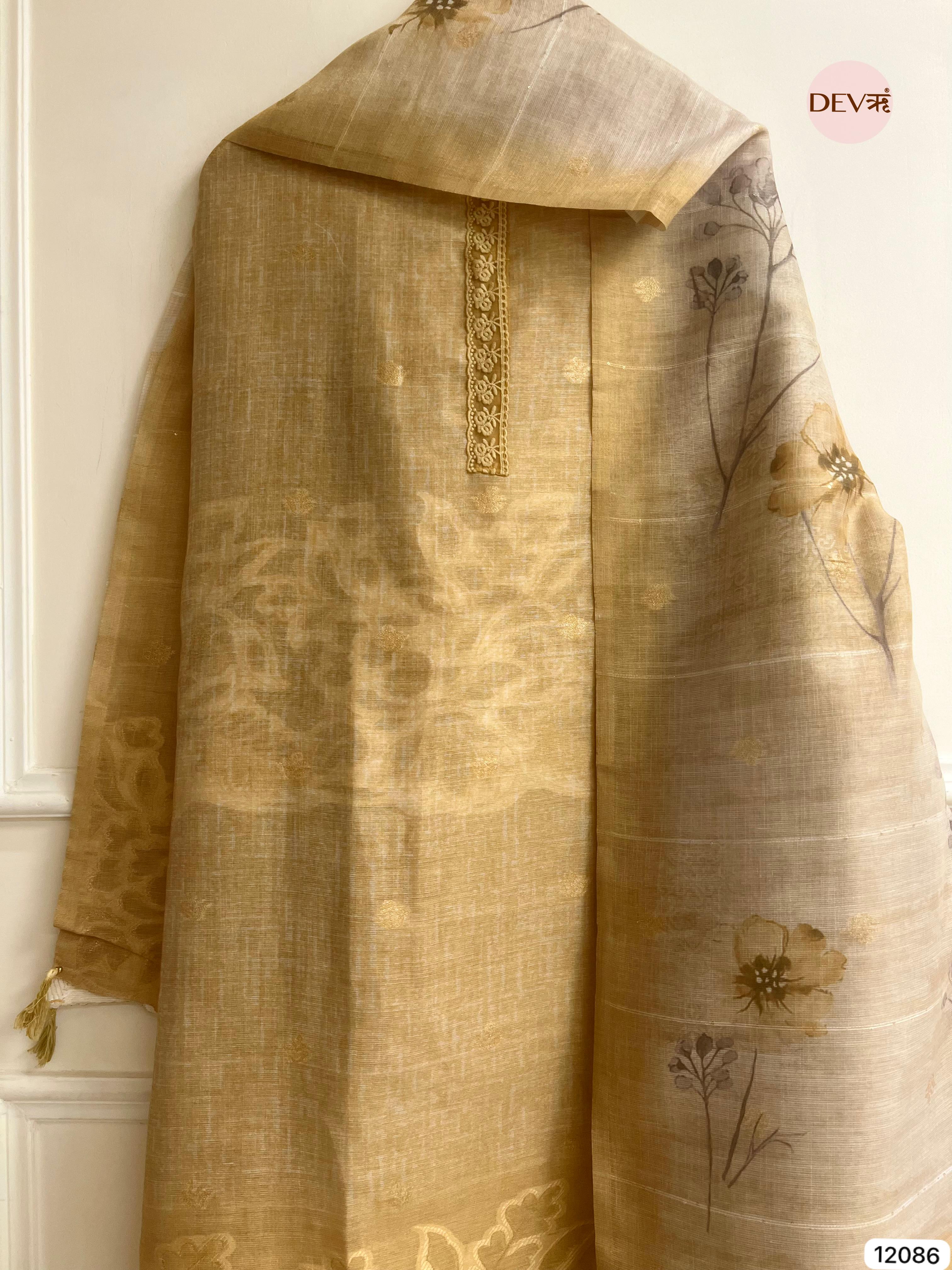 Golden Pure Raw Unstitched Silk Thread Woven Embroidered -Set Of 3 - {12086}