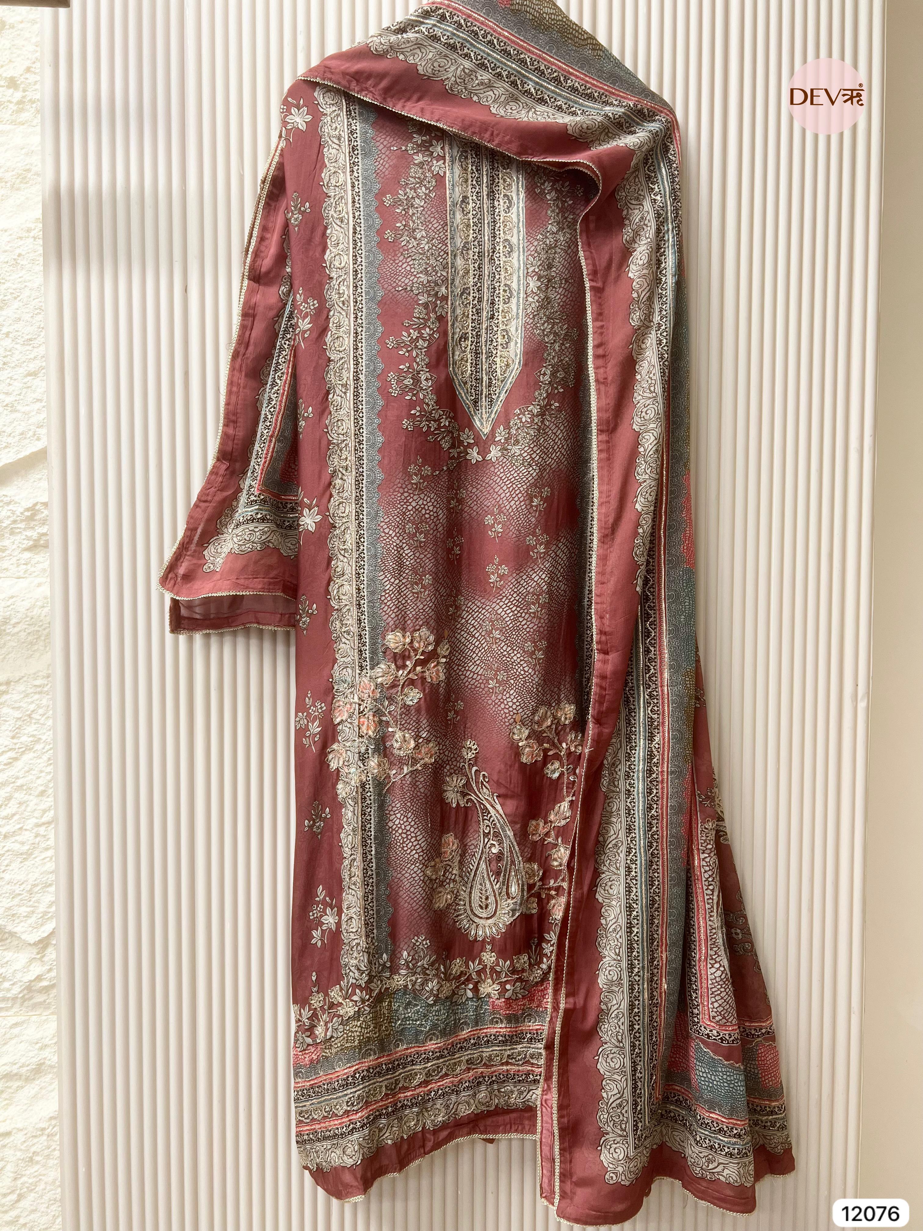 Maroon Pure Muslin Unstitched Printed With Hand Zardosi Embroidery -Set Of 3- {12076}