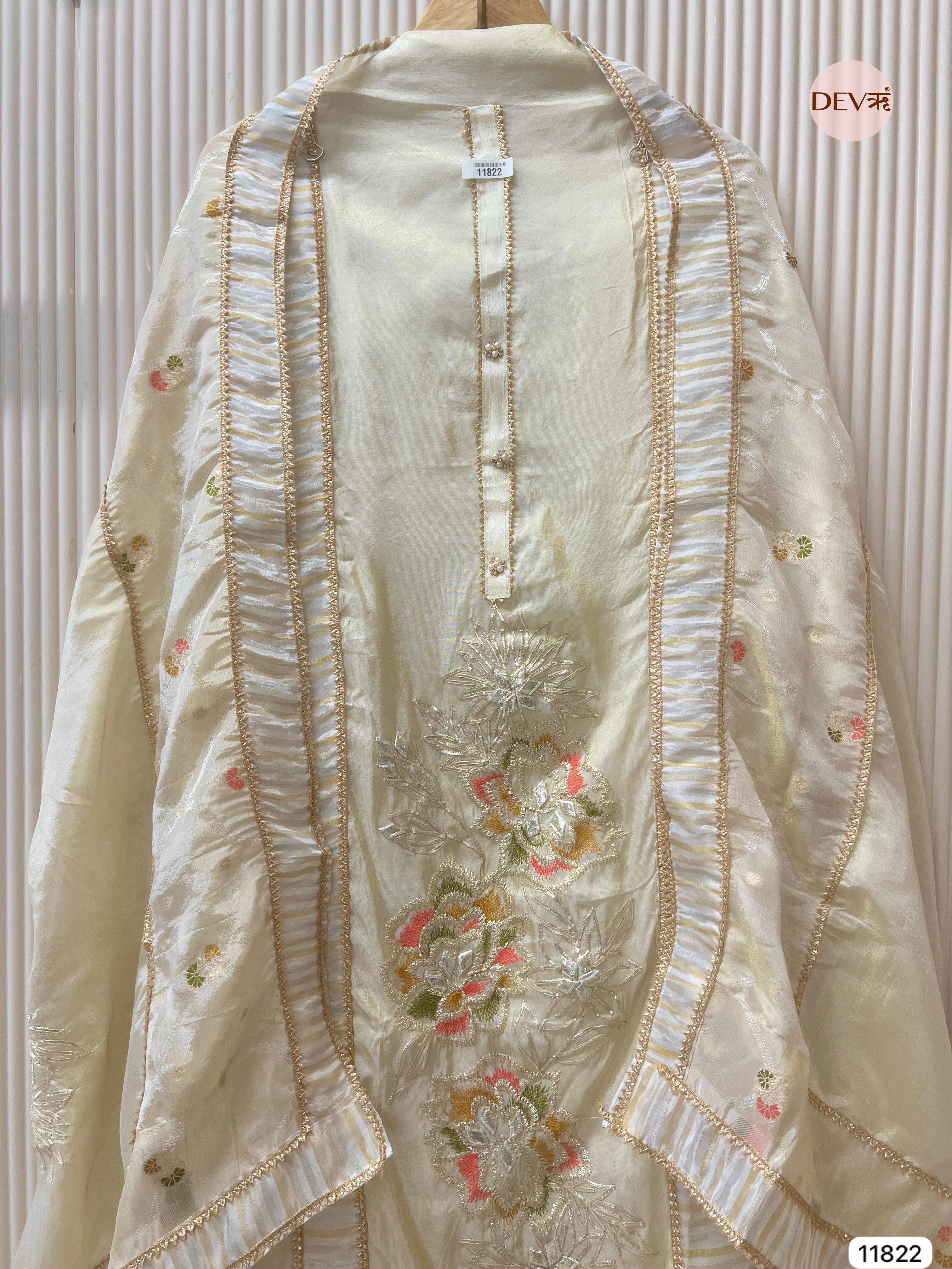 White Tissue Shimmer Silk Unstitched Hand Embroidered -Set Of 3 - {11822}