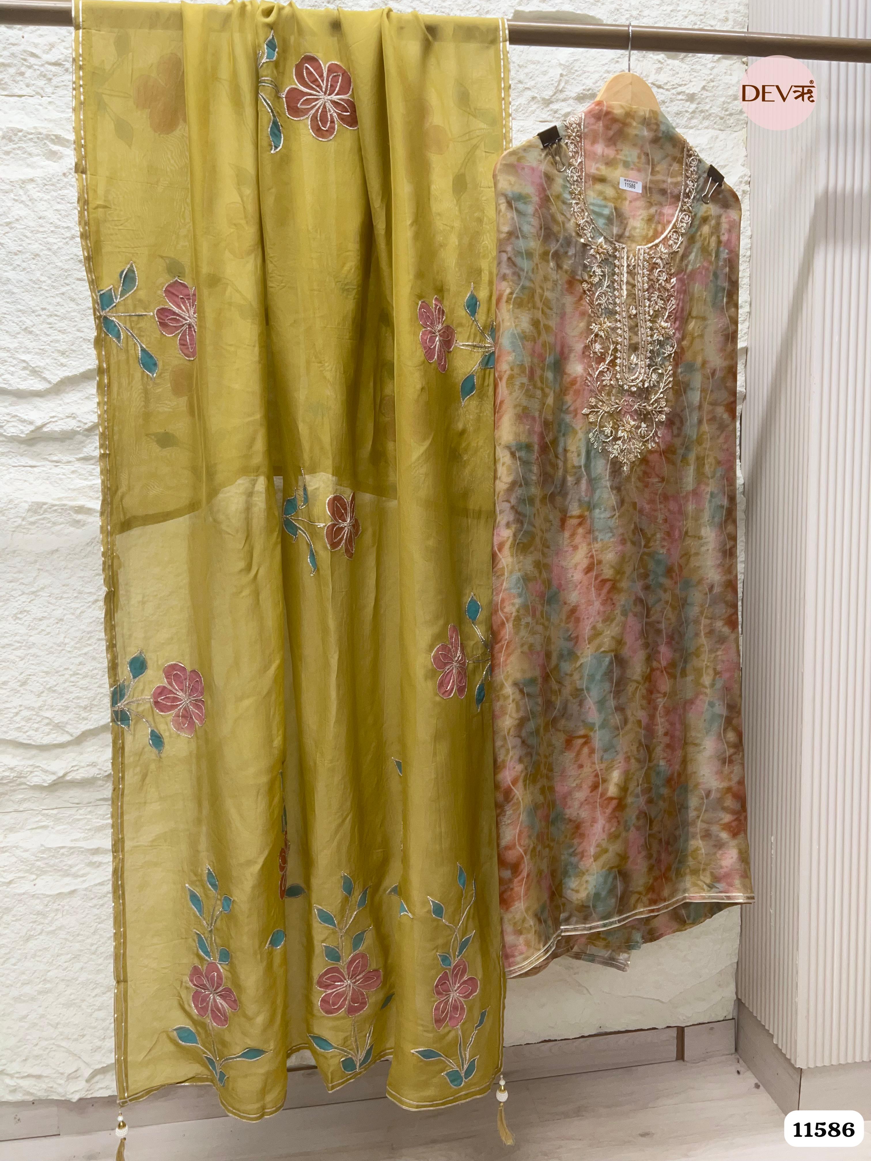 Olive Green Pure Organza Silk Printed Unstitched Hand Embroidered -Set Of 3 {11586}