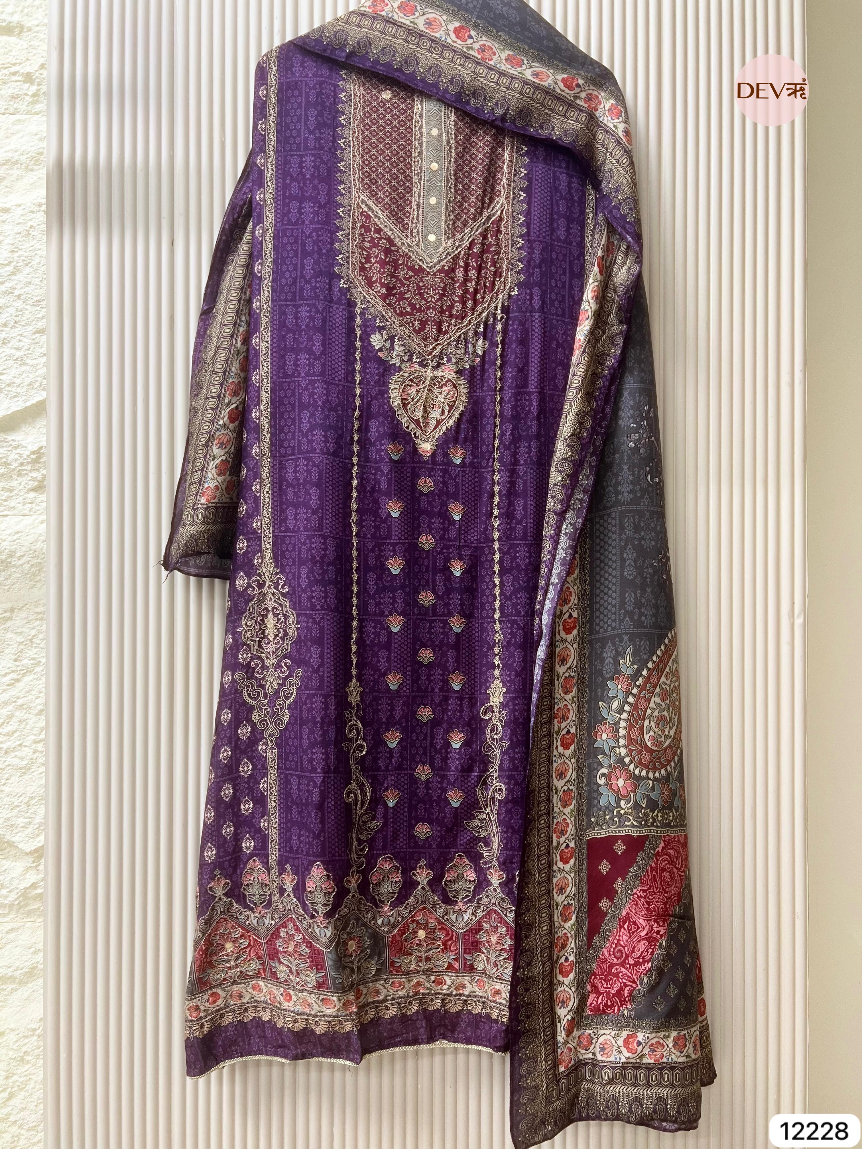 Purple Pure Muslin Printed Unstitched 3-Piece Suit (Devri – D.No 12228)