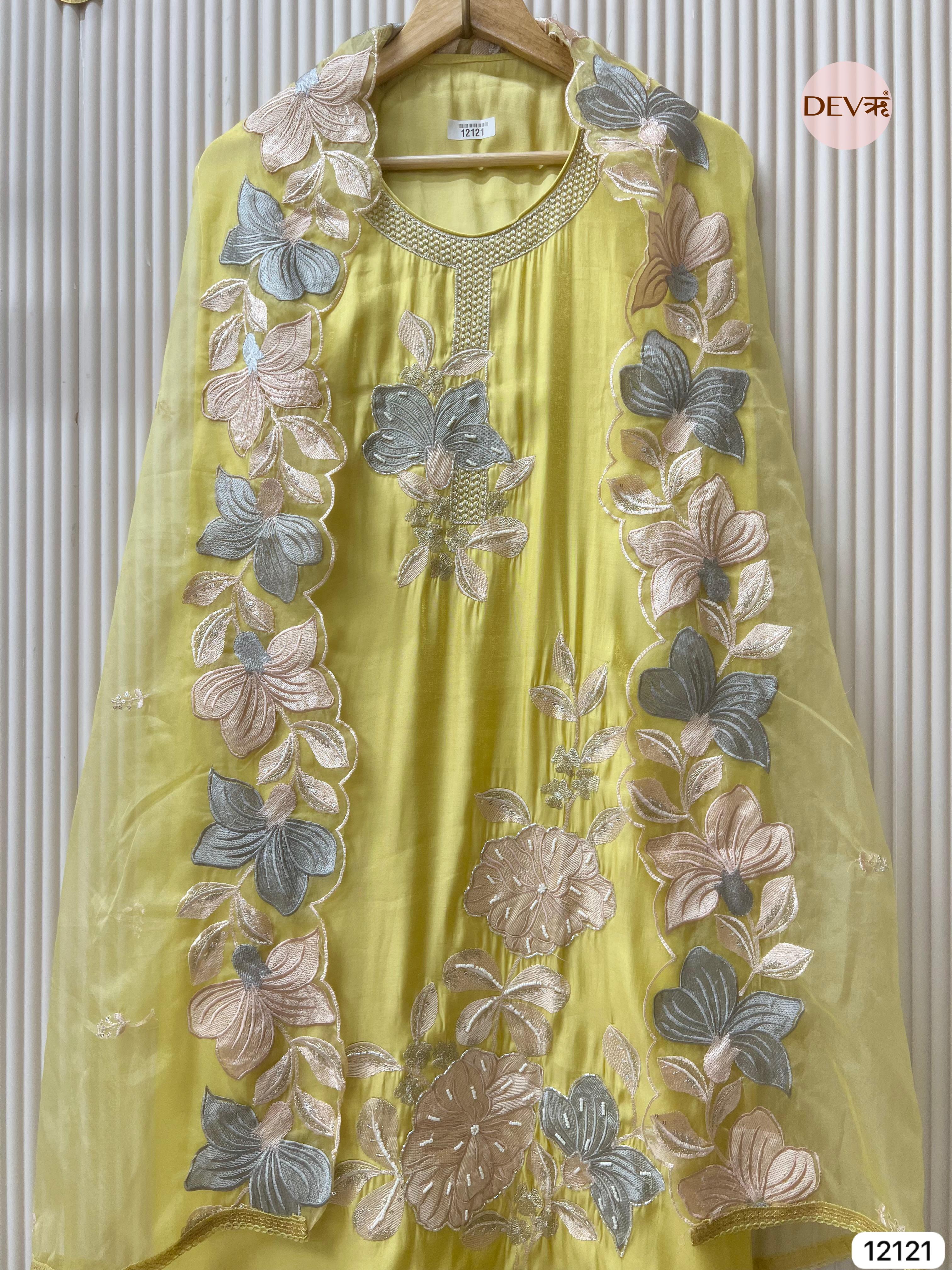 Yellow Organza Silk Unstitched Hand Embroidered -Set Of 3 - {12121}