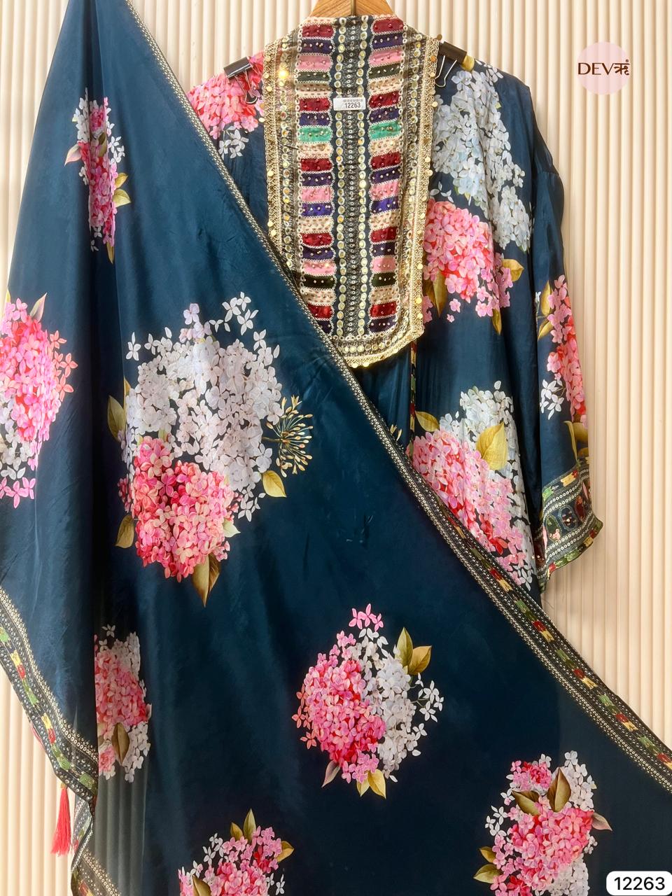 Teal Glass Organza Printed Unstitched 3-Piece Suit (Devri – D.No 12263)