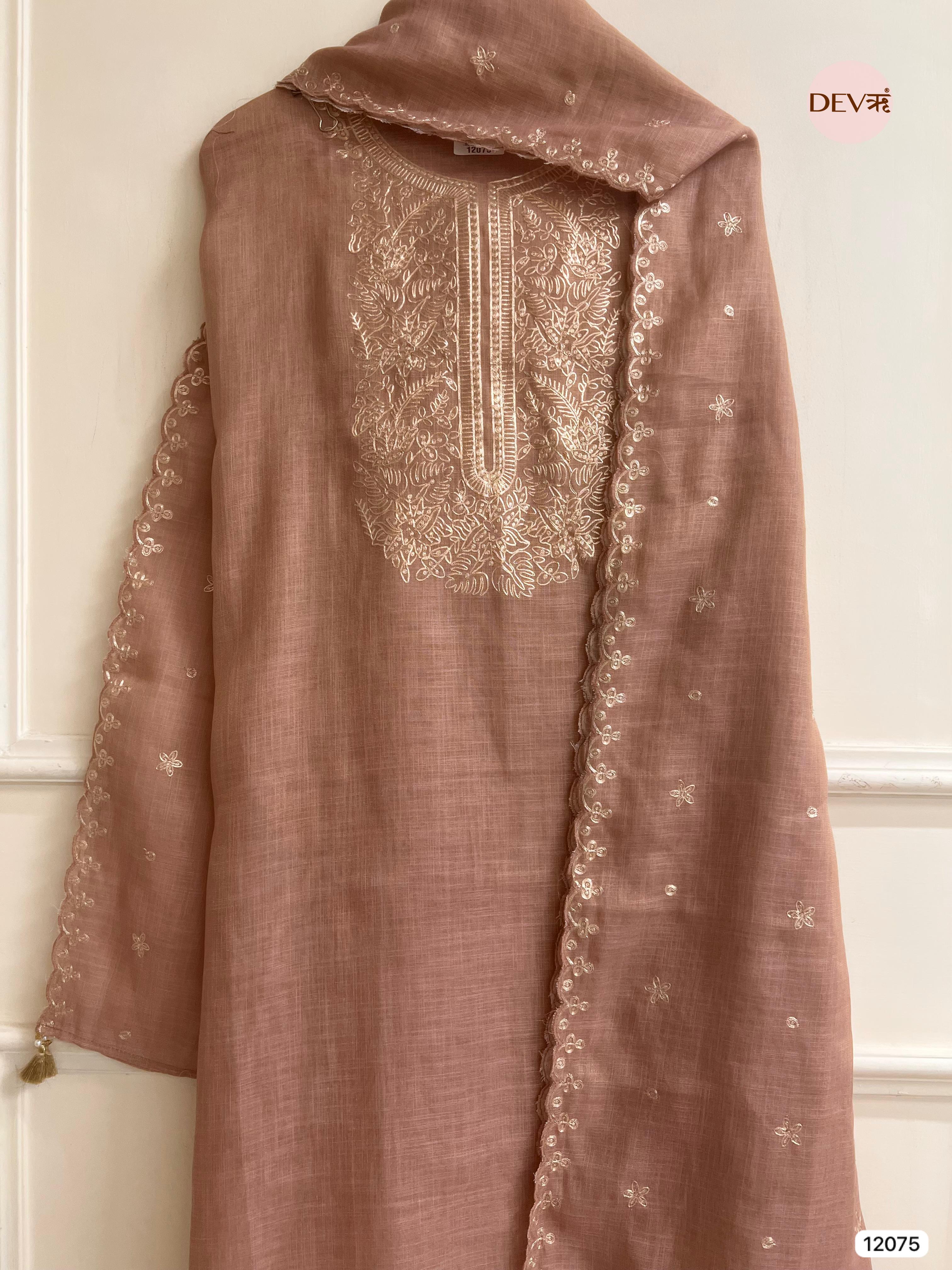 Brown Pure Linen Unstitched Zardosi Embroidered -Set Of 3 - {12075}