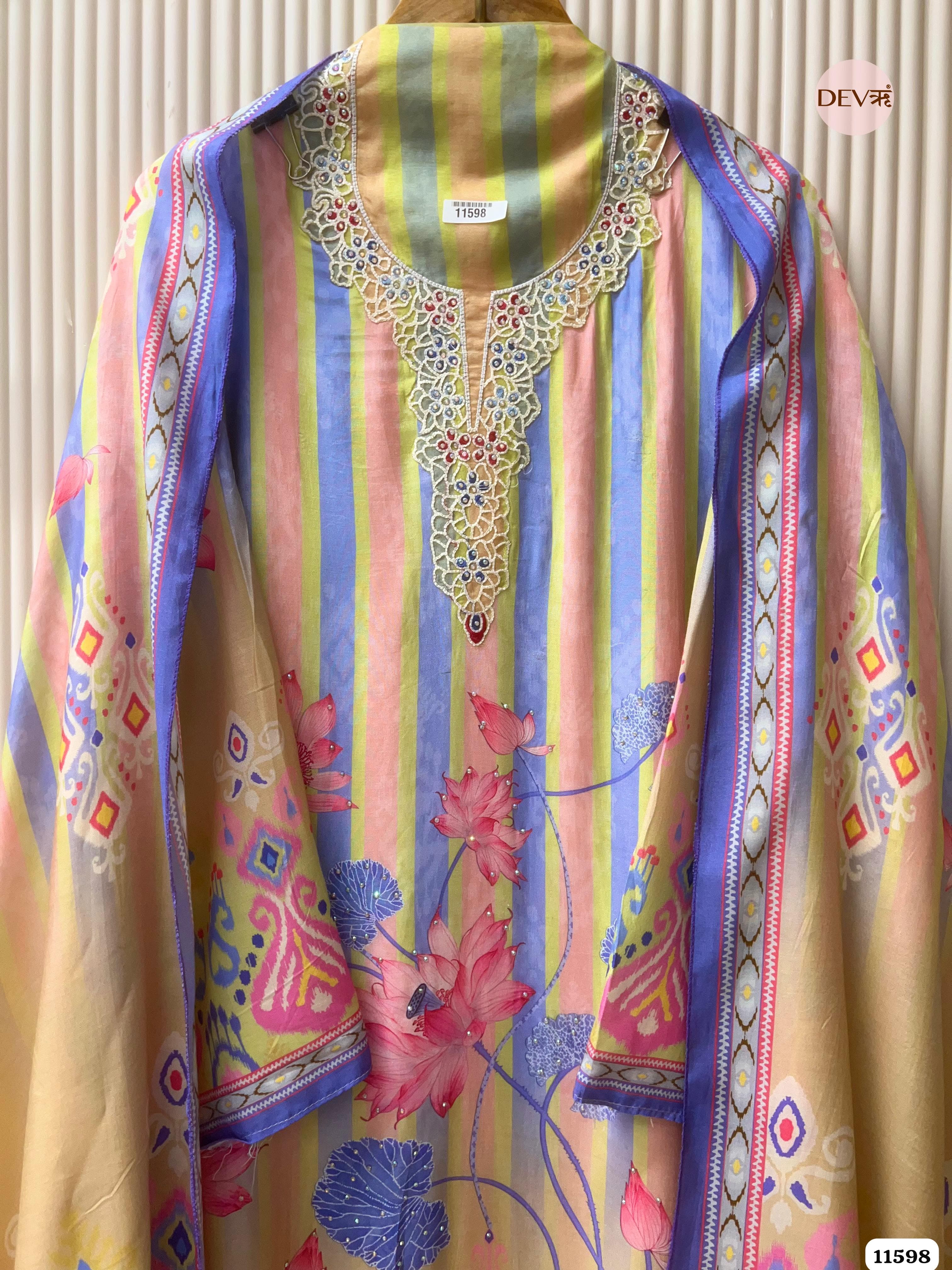 Multi-Colored Pure Muslin Semi Stitched Printed Embroidered -Set Of 3 {11598}