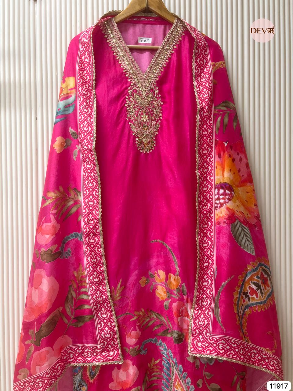 Pink Pure Russian Silk Unstitched Printed Hand Embroidered -Set Of 3 - {11917}