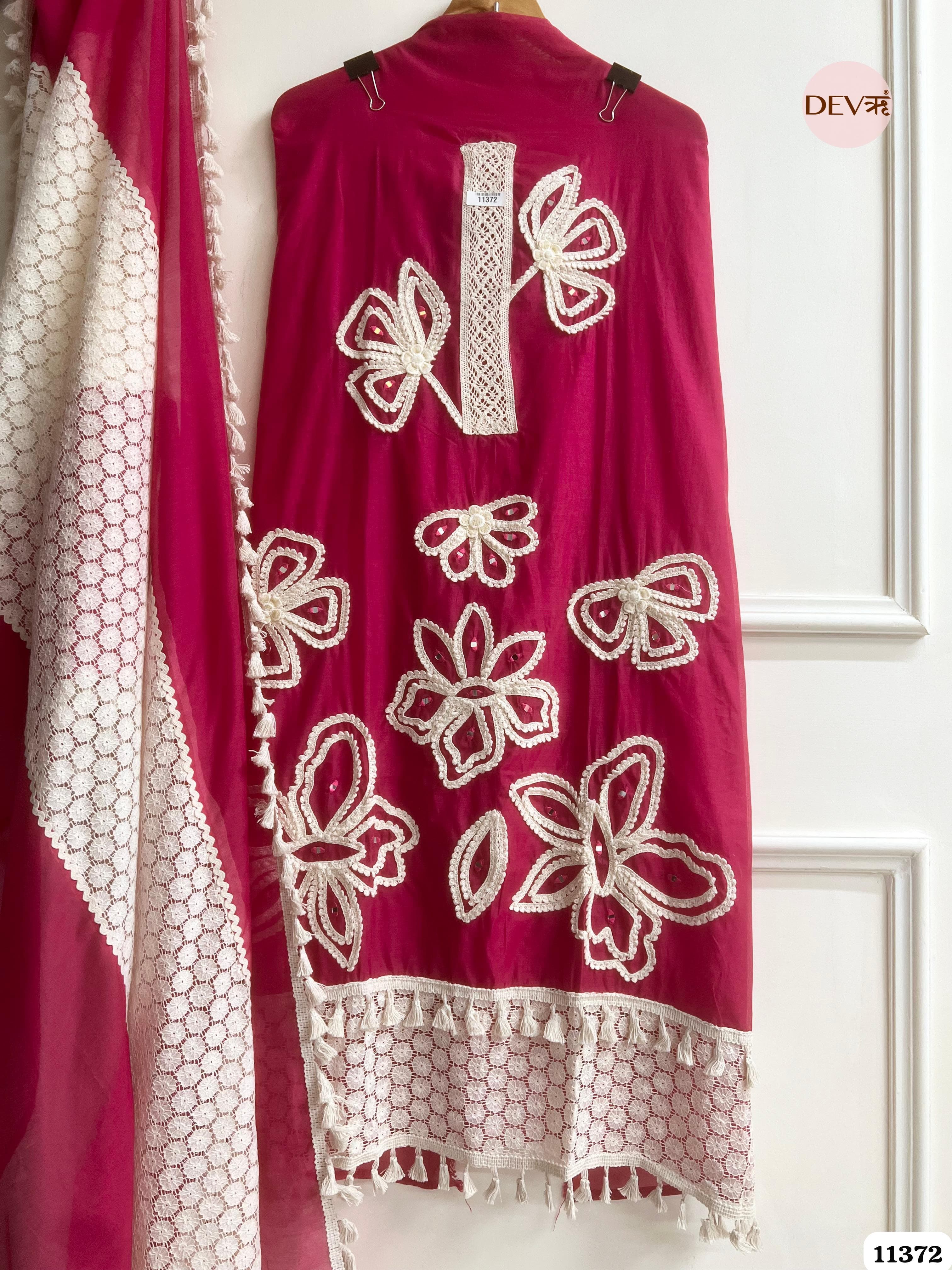 Pink Mul Chanderi Unstitched Hand Embroidered -Set Of 3 {11372}