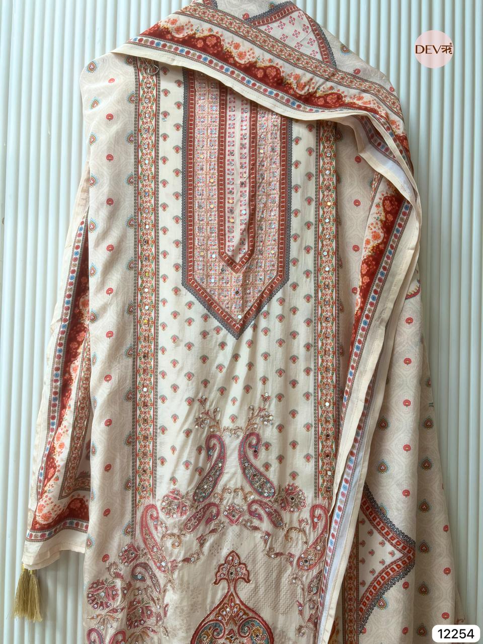 Beige Glass Organza Printed Unstitched 3-Piece Suit (Devri – D.No 12254)