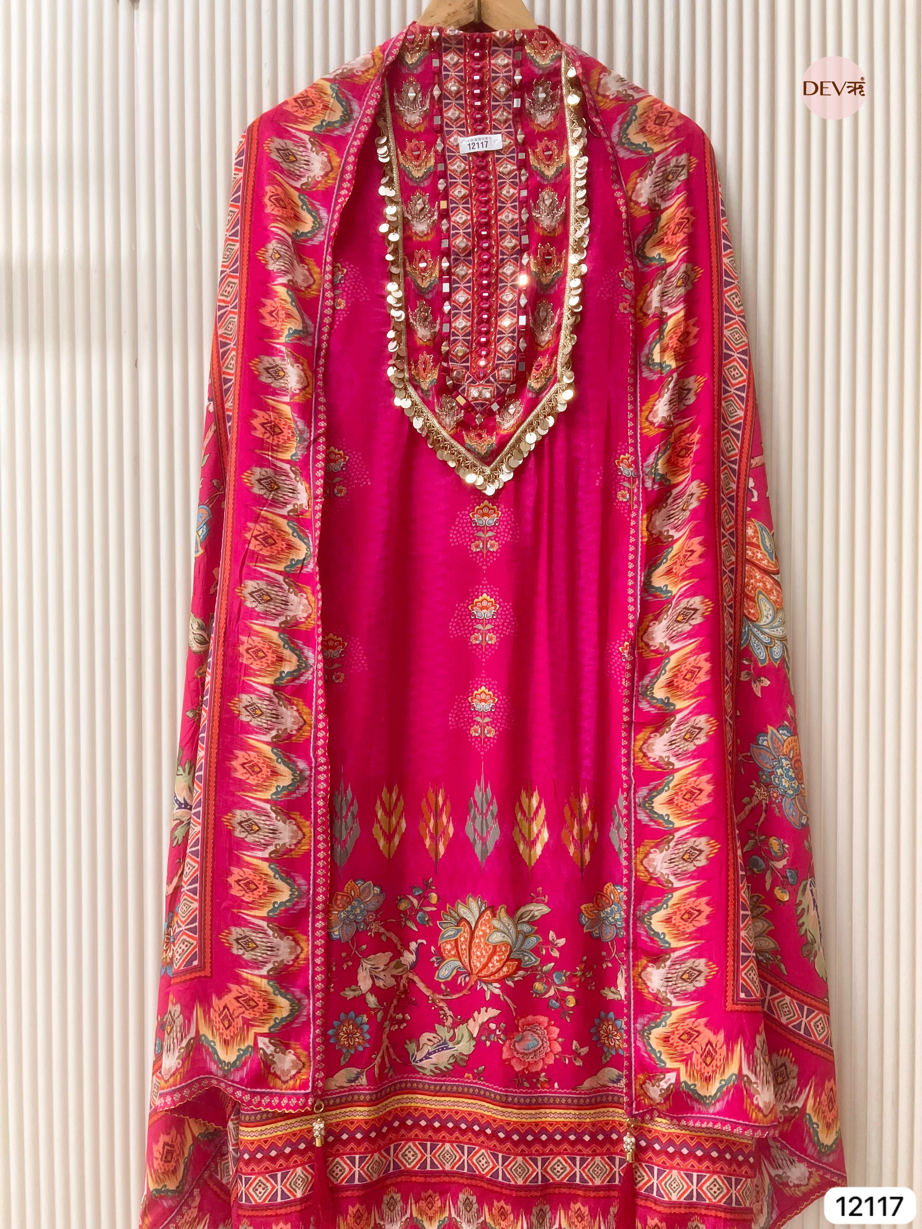 Pink Pure Natural Crepe Unstitched Printed Hand Embroidered - Set Of 3 - {12117}