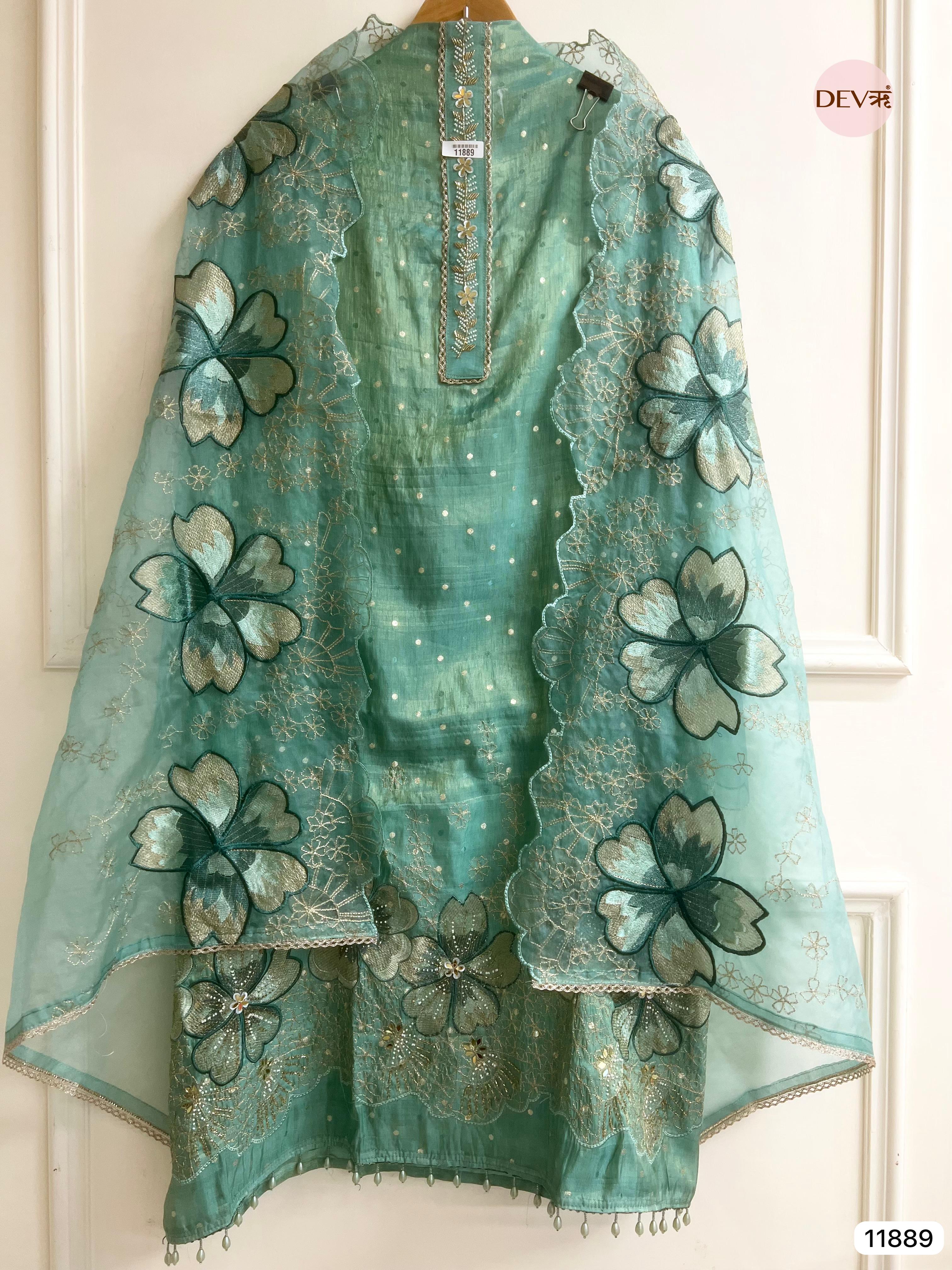 Green Tissue Silk Unstitched Embroidered -Set Of 3- {11889}