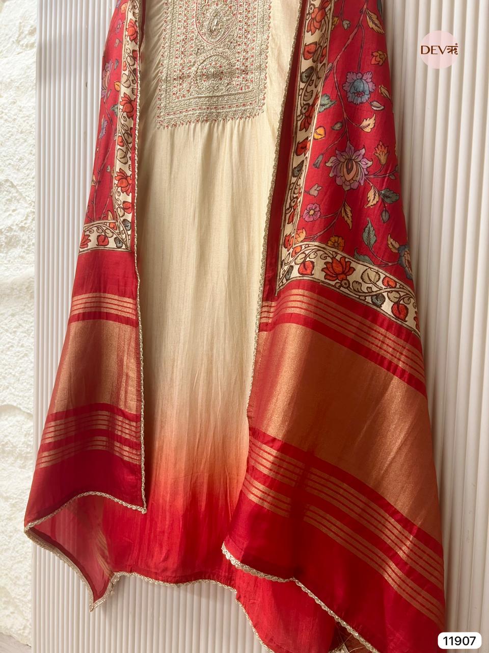 Beige Russian Silk Unstitched Embroidered -Set Of 3 - {11907}