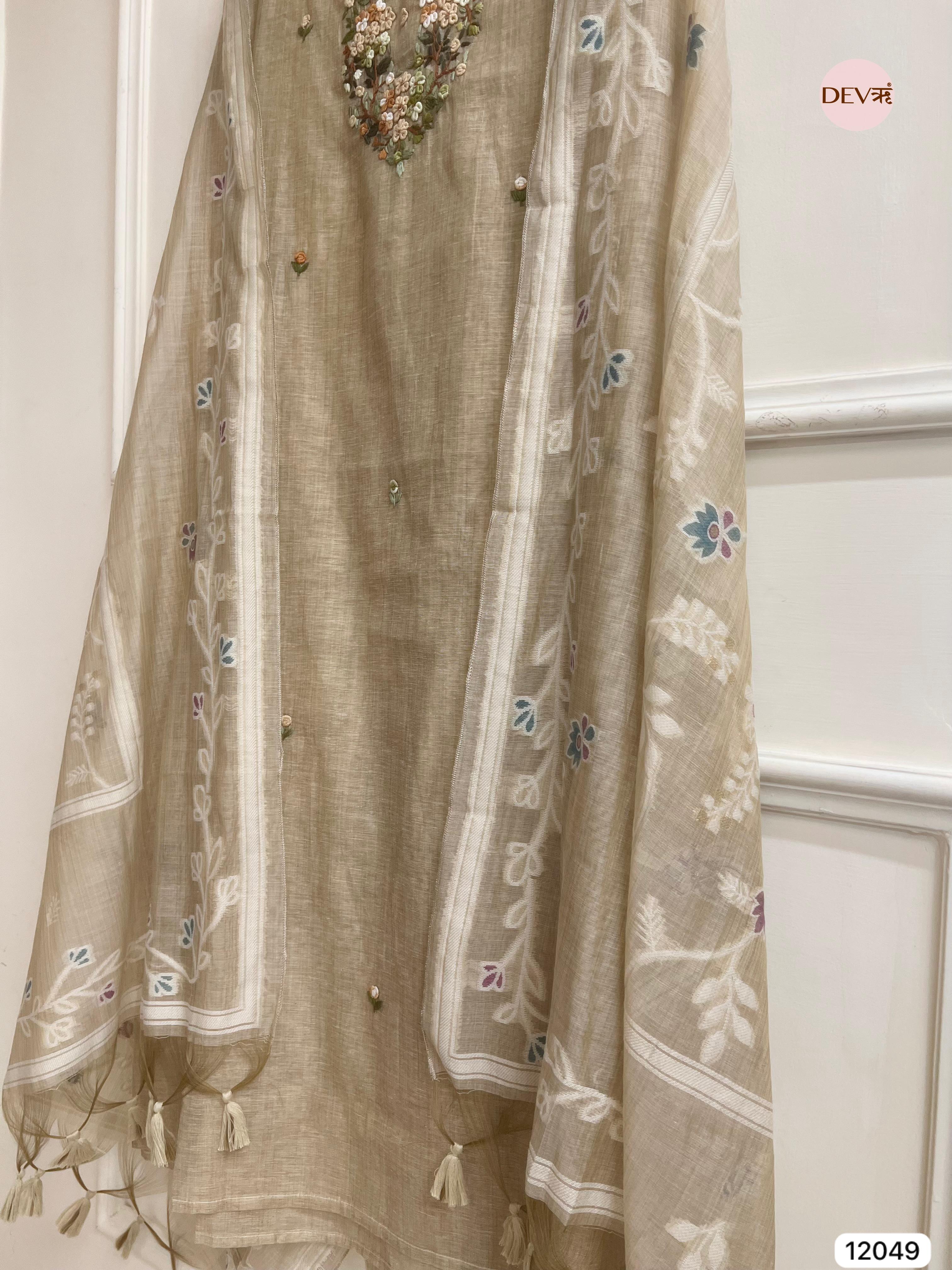Beige Pure Khadi Unstitched Embroidered -Set Of 3 - {12049}