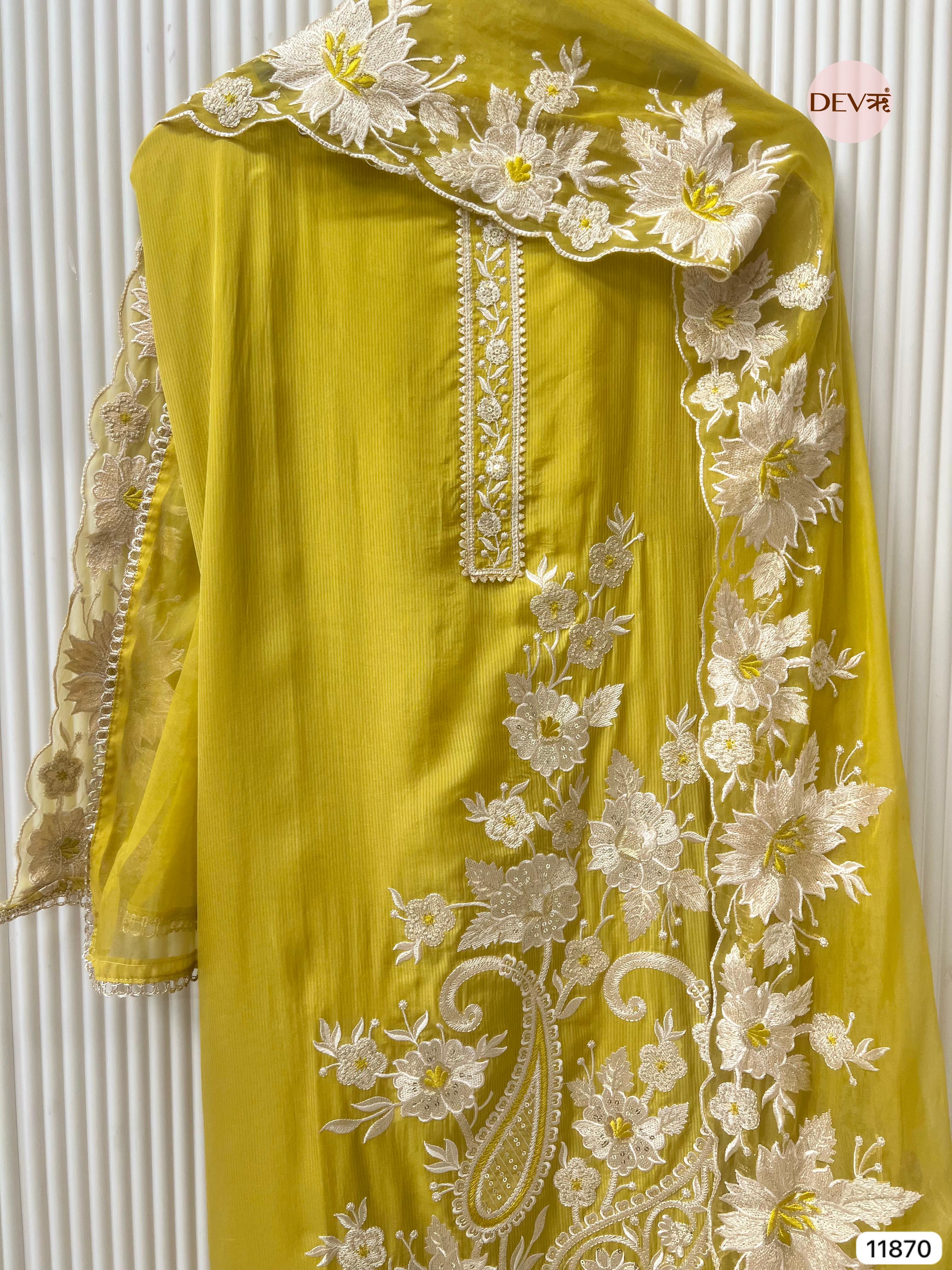 Yellow Tissue Silk Unstitched Embroidered -Set Of 3- {11870}