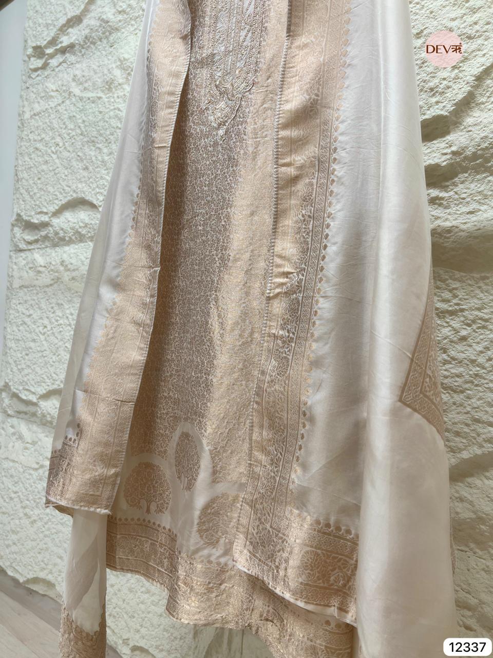 Ivory Beige Pure Banarasi Silk Embroidered Unstitched 3-Piece Suit (Devri – D.No 12337)