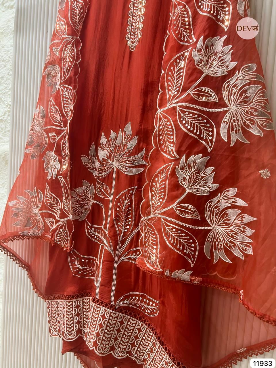 Rust Glass Tissue Silk Unstitched Embroidered -Set Of 3 - {11933}