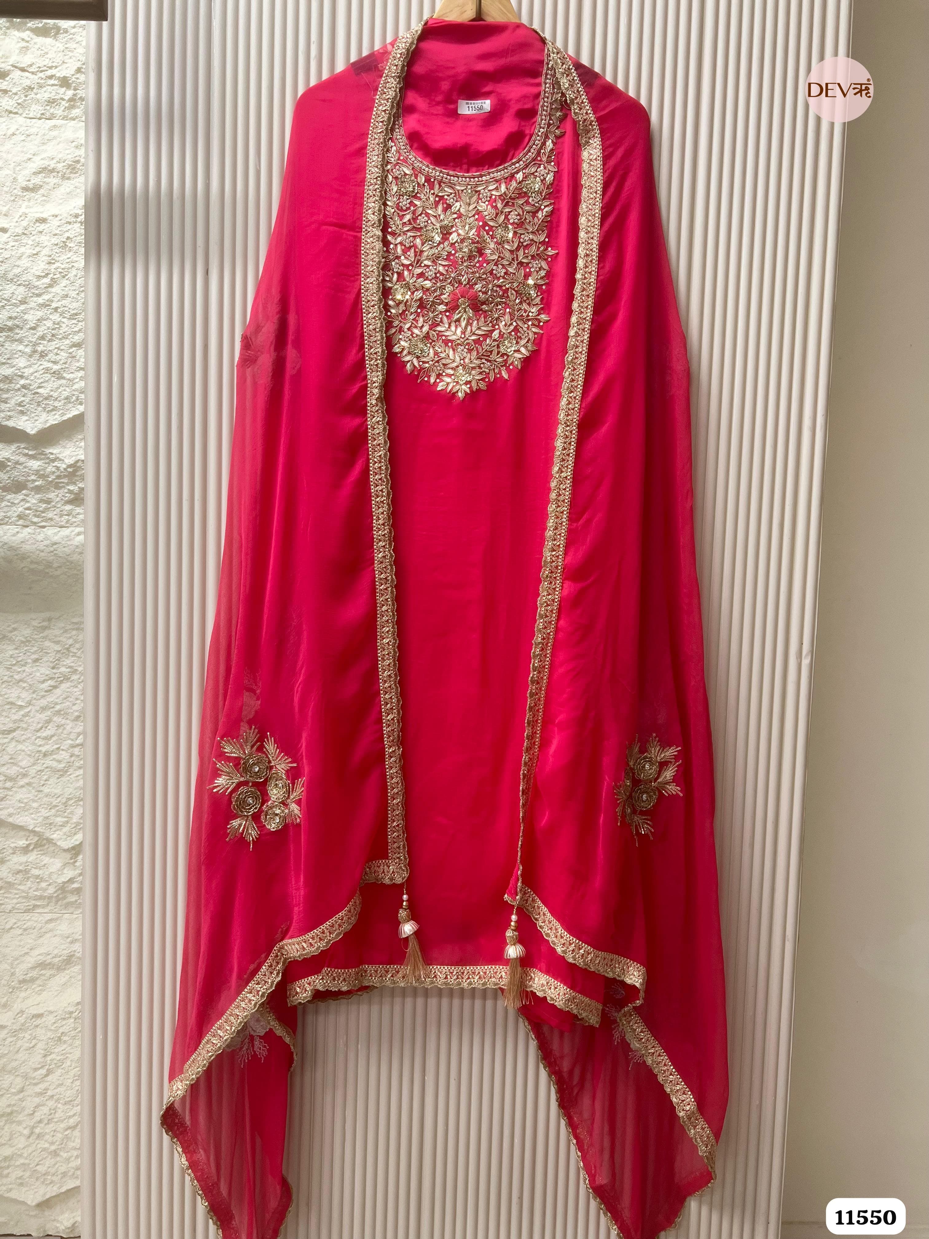 Pink Pure Organza Silk Unstitched Hand Embroidered -Set Of 3 {11550}