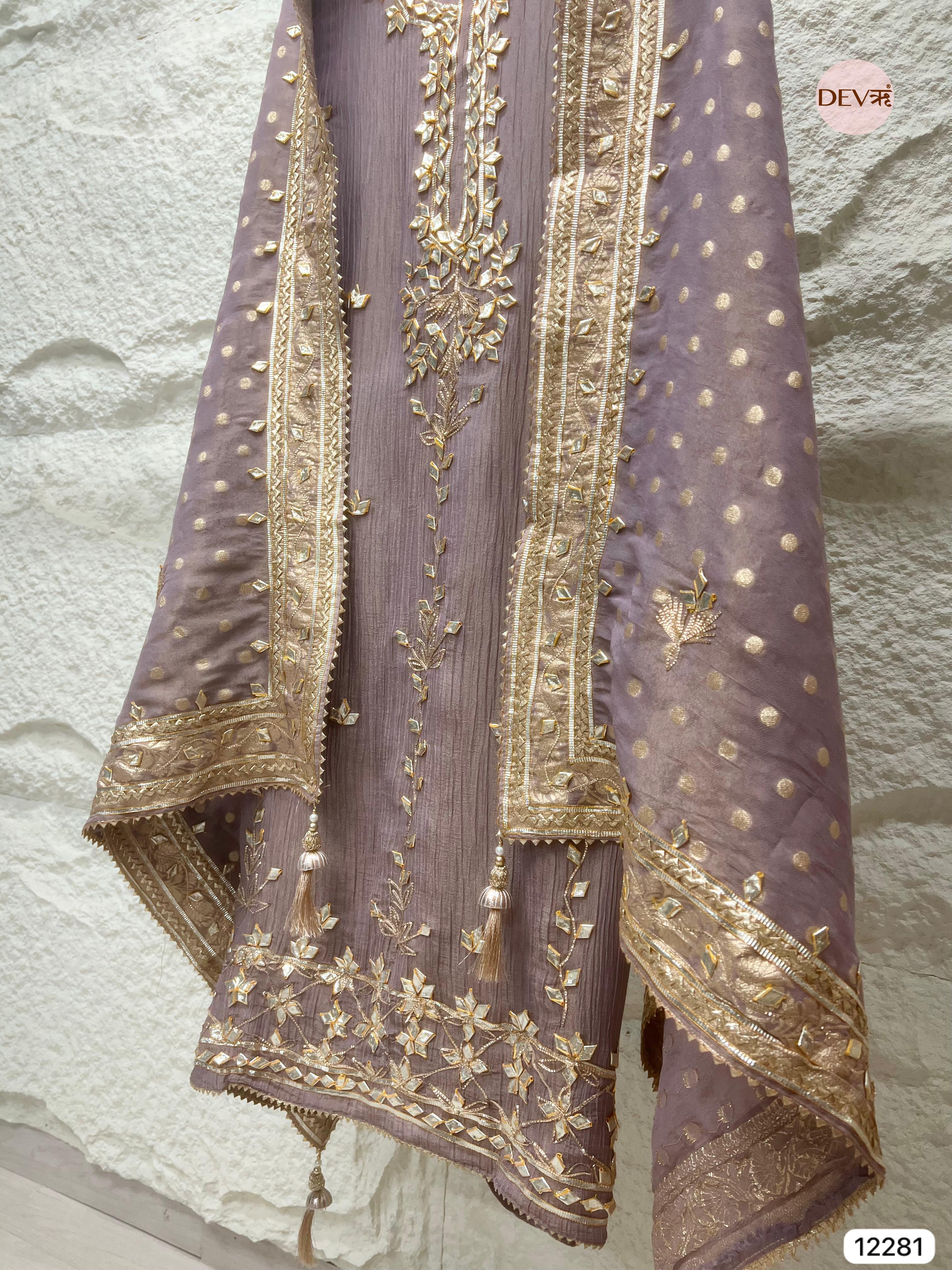 Purple Pure Chinon Unstitched Hand Embroidered -Set Of 3 - {12281}