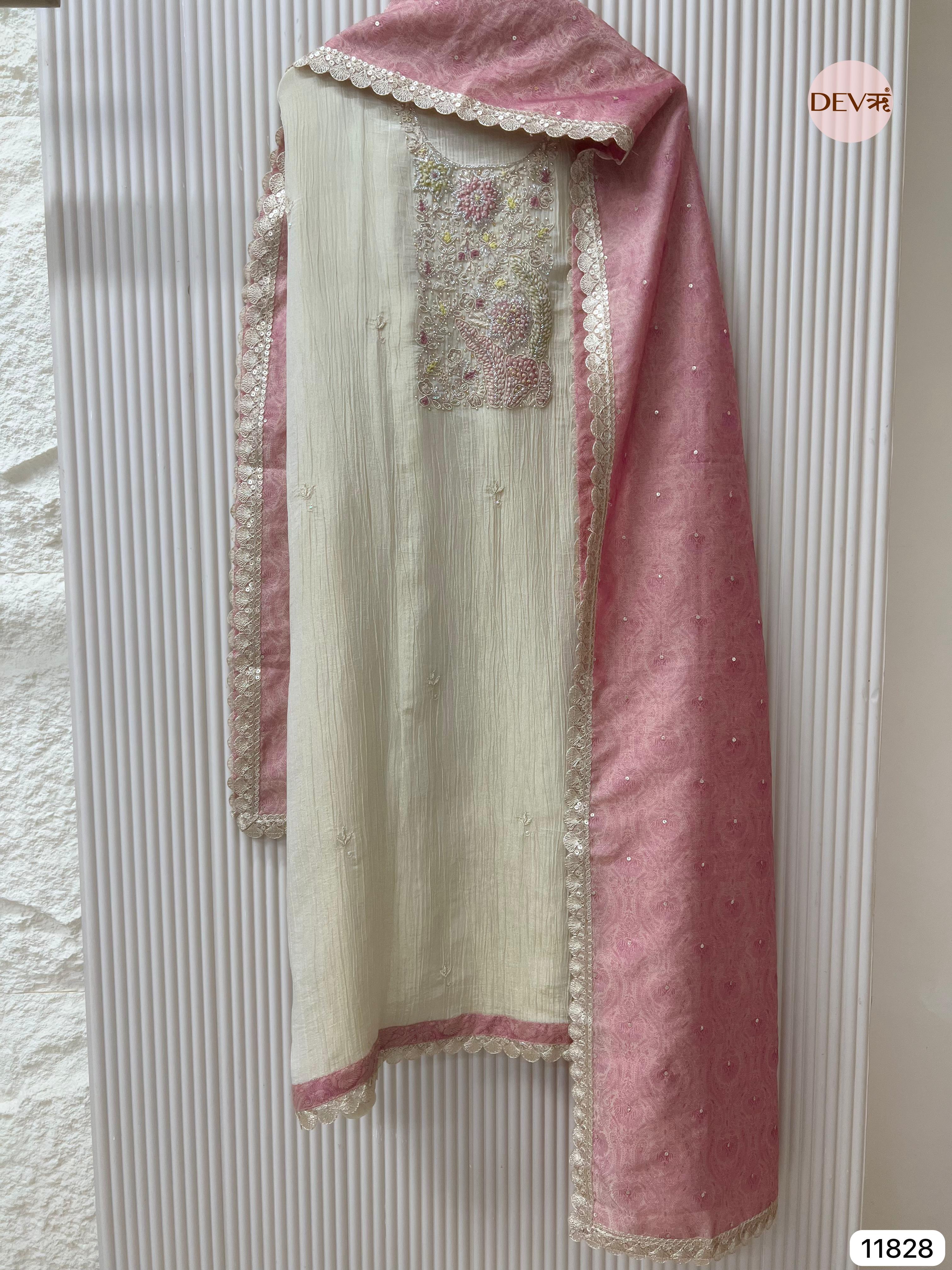 Off White Pure Tissue Crush Silk Unstitched Hand Embroidered -Set Of 3 - {11828}