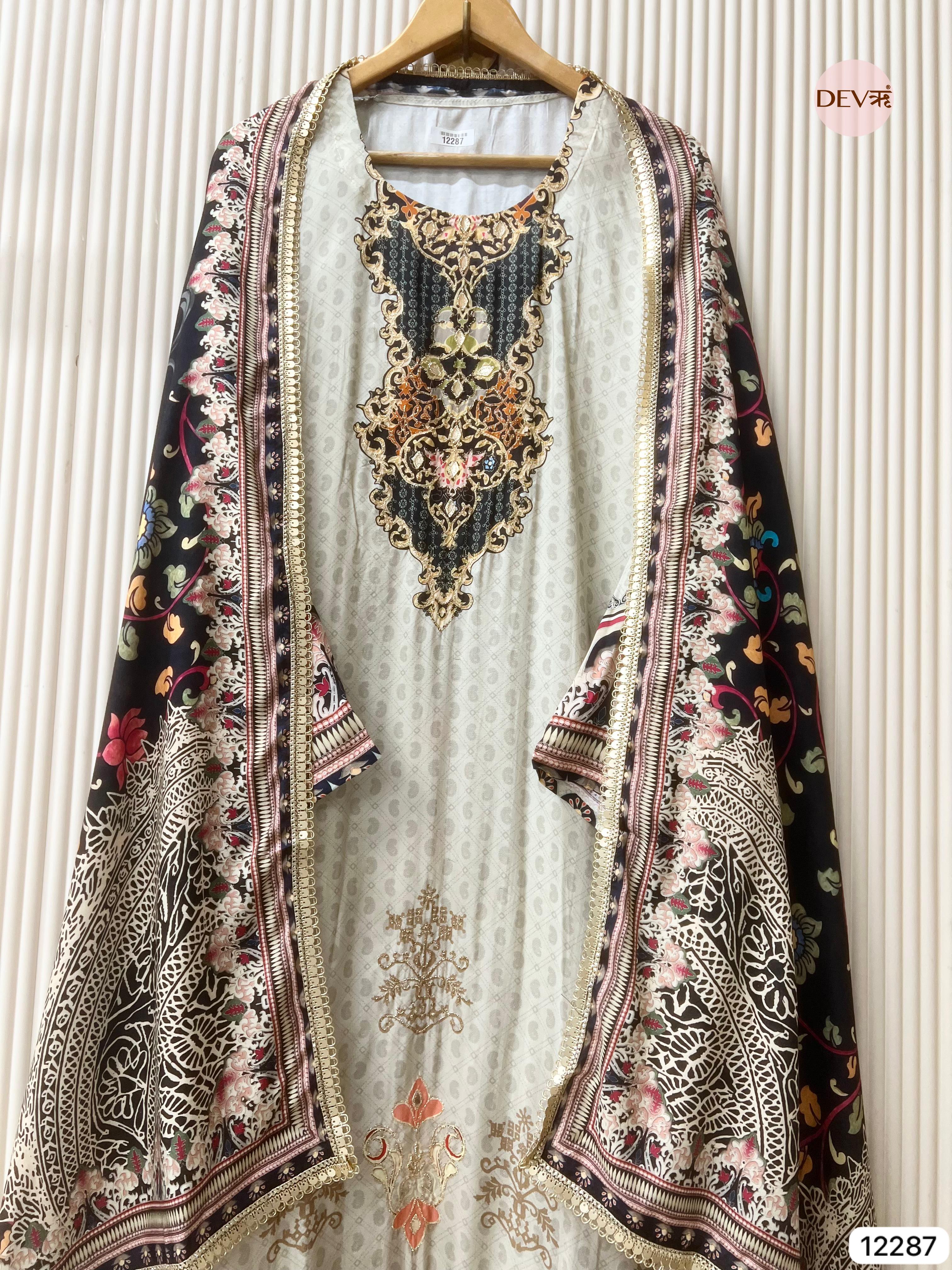 Ivory Muslin Printed Unstitched 3-Piece Suit (Devri – D.No 12287)
