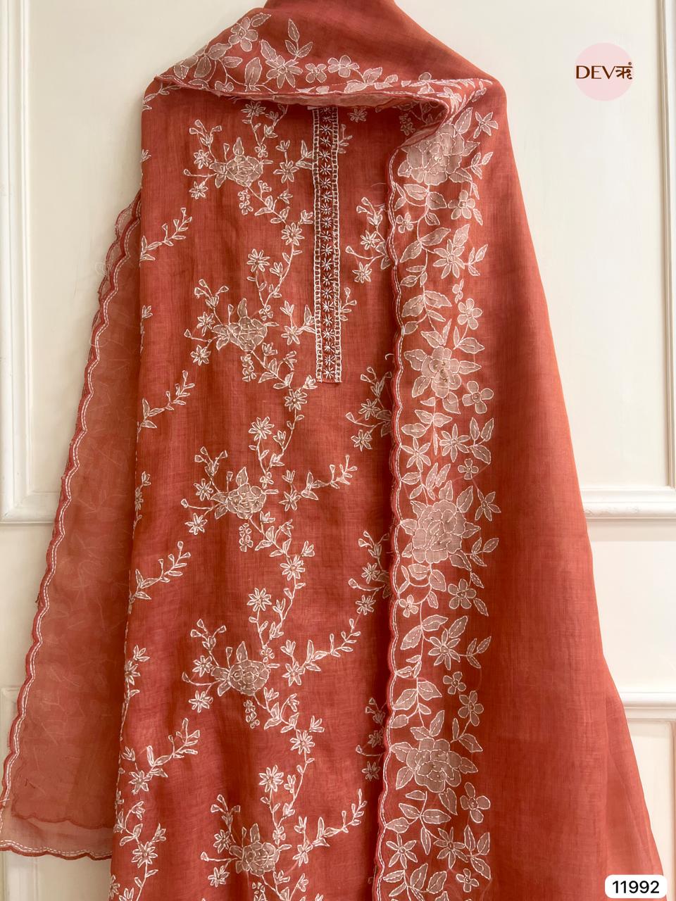 Rust Pure Mul Linen Unstitched Embroidered -Set Of 3 - {11992}
