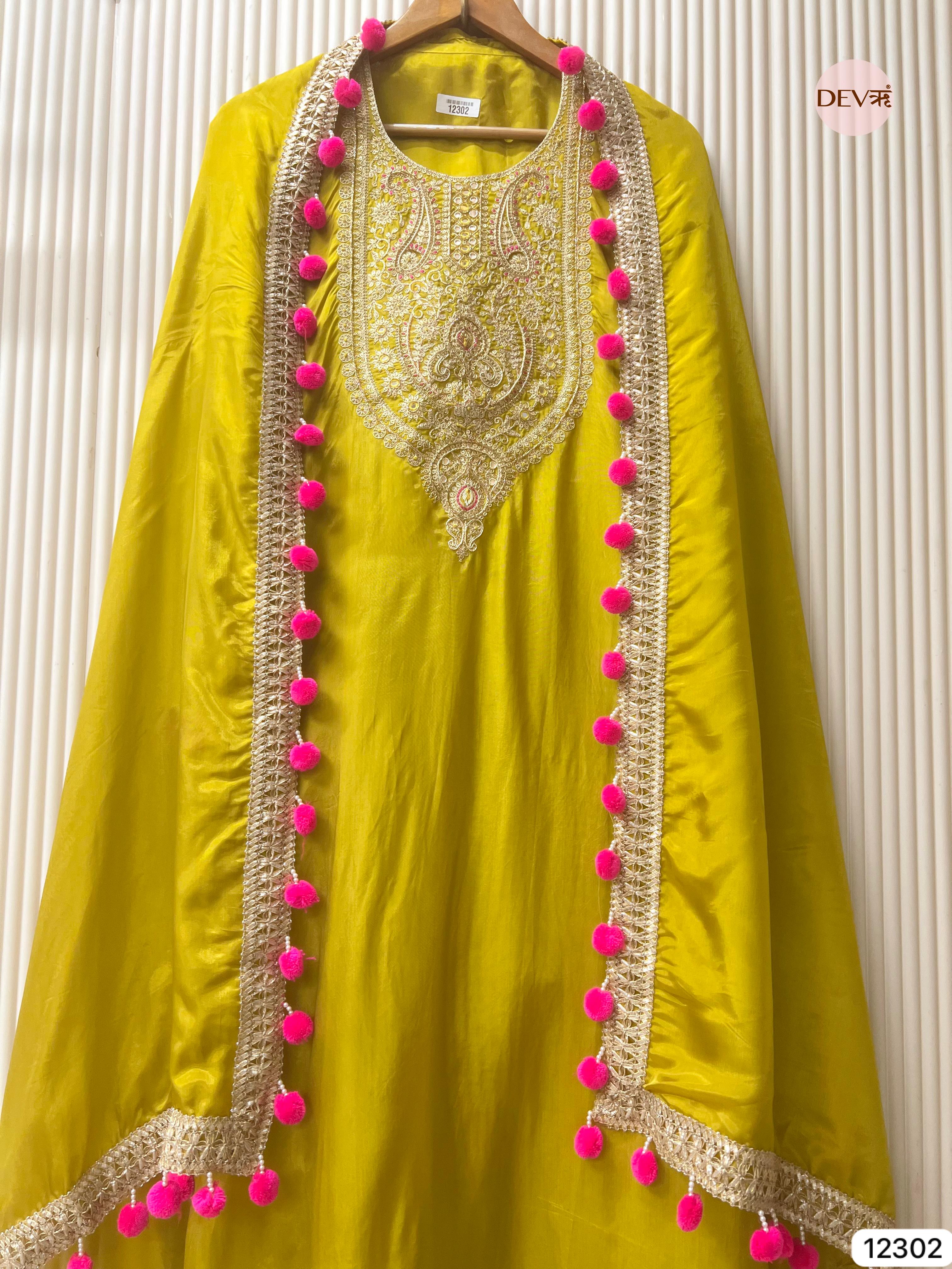 Lime Glass Organza Embroidered Unstitched 3-Piece Suit (Devri – D.No 12302)