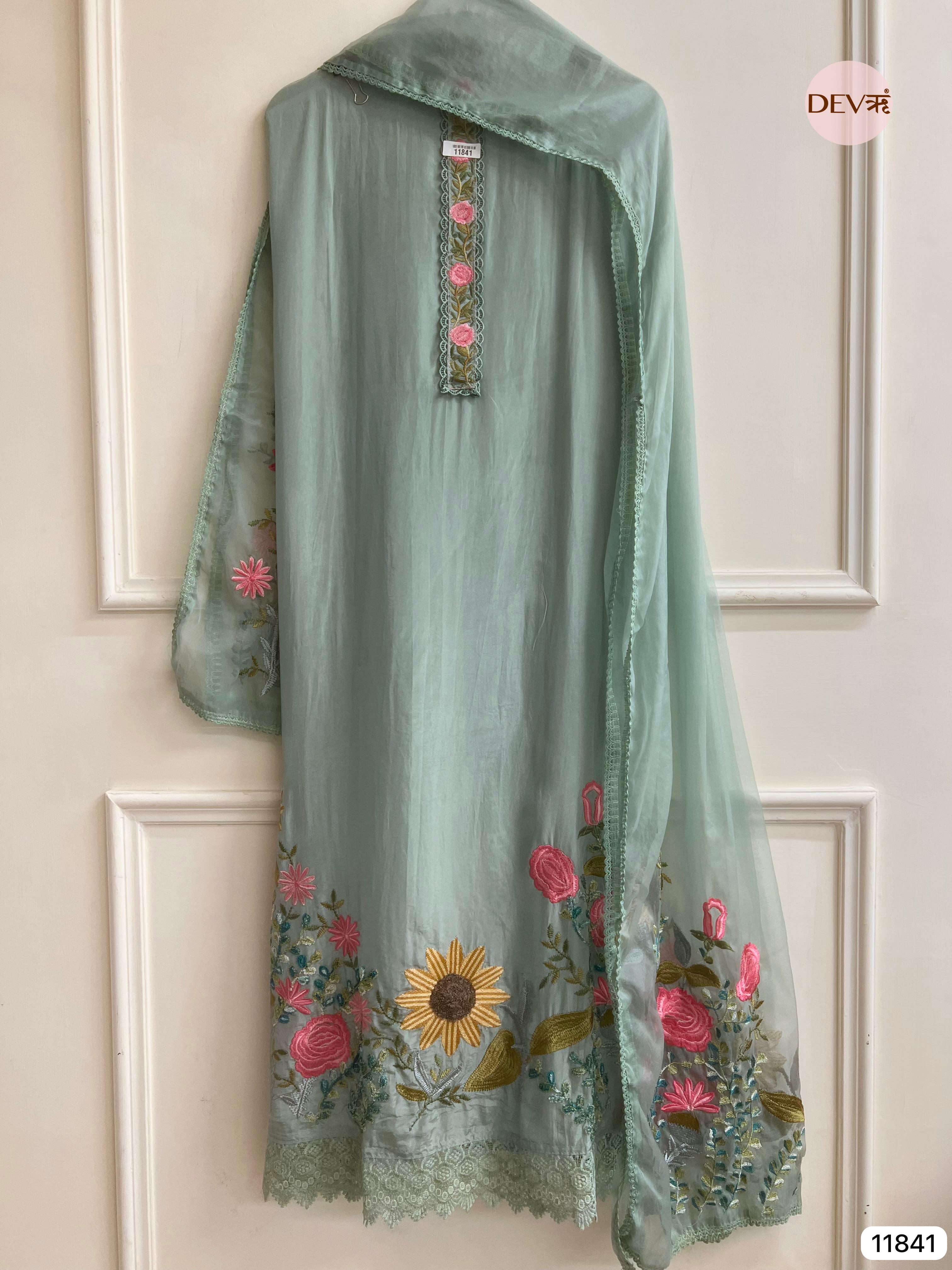 Green Organza silk unstitched embroidered -Set Of 3- {11841}