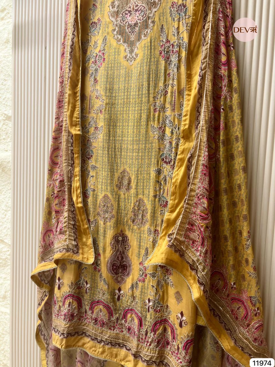 Mustard Gold Pure Muslin Printed Unstitched 3-Piece Suit (Devri – D.No 11974)