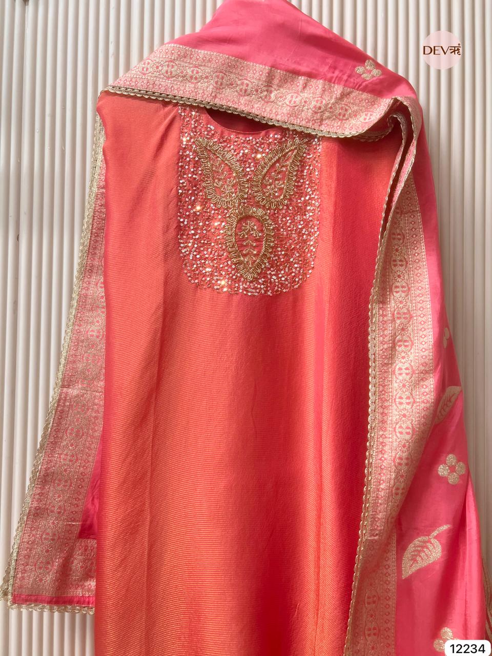 Coral Tissue Shimmer Silk Embroidered Unstitched 3-Piece Suit (Devri – D.No 12234)