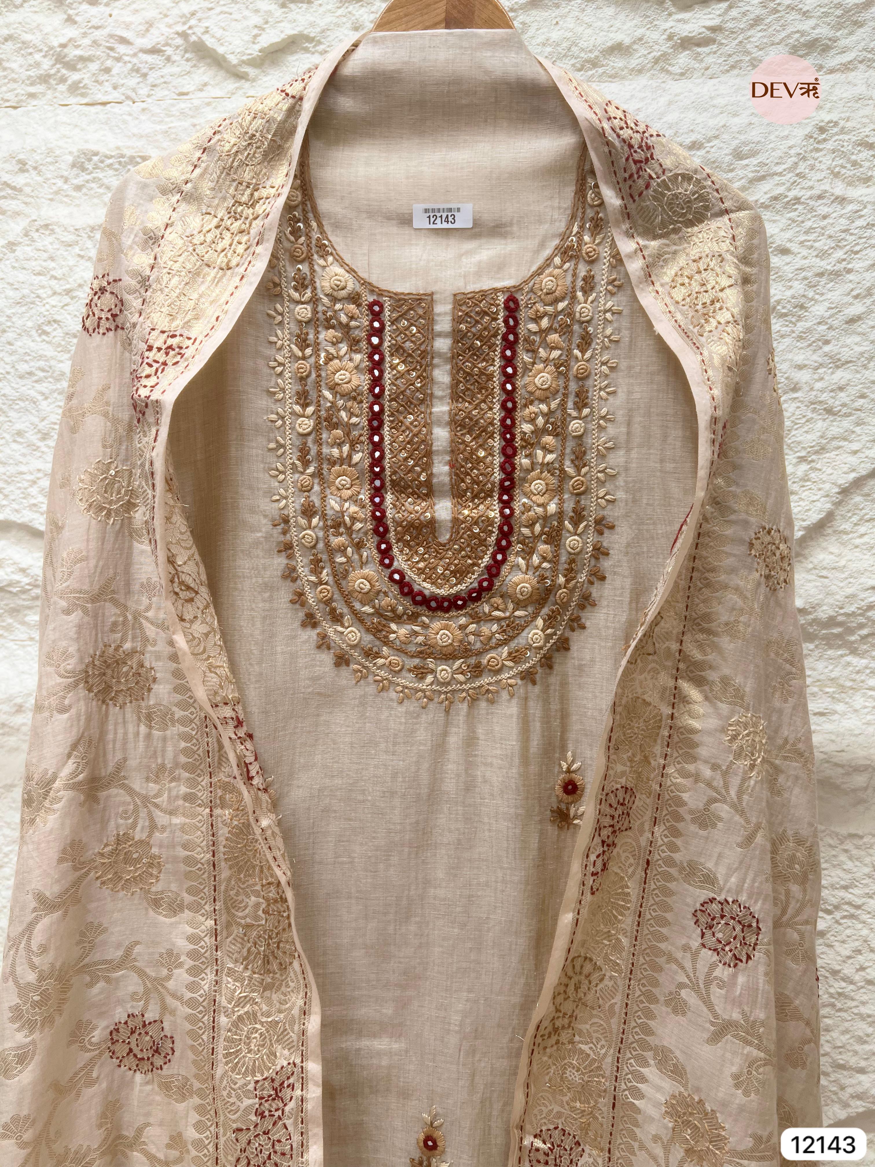 Off white Tissue Silk Unstitched Hand Embroidered -Set Of 3 - {12143}