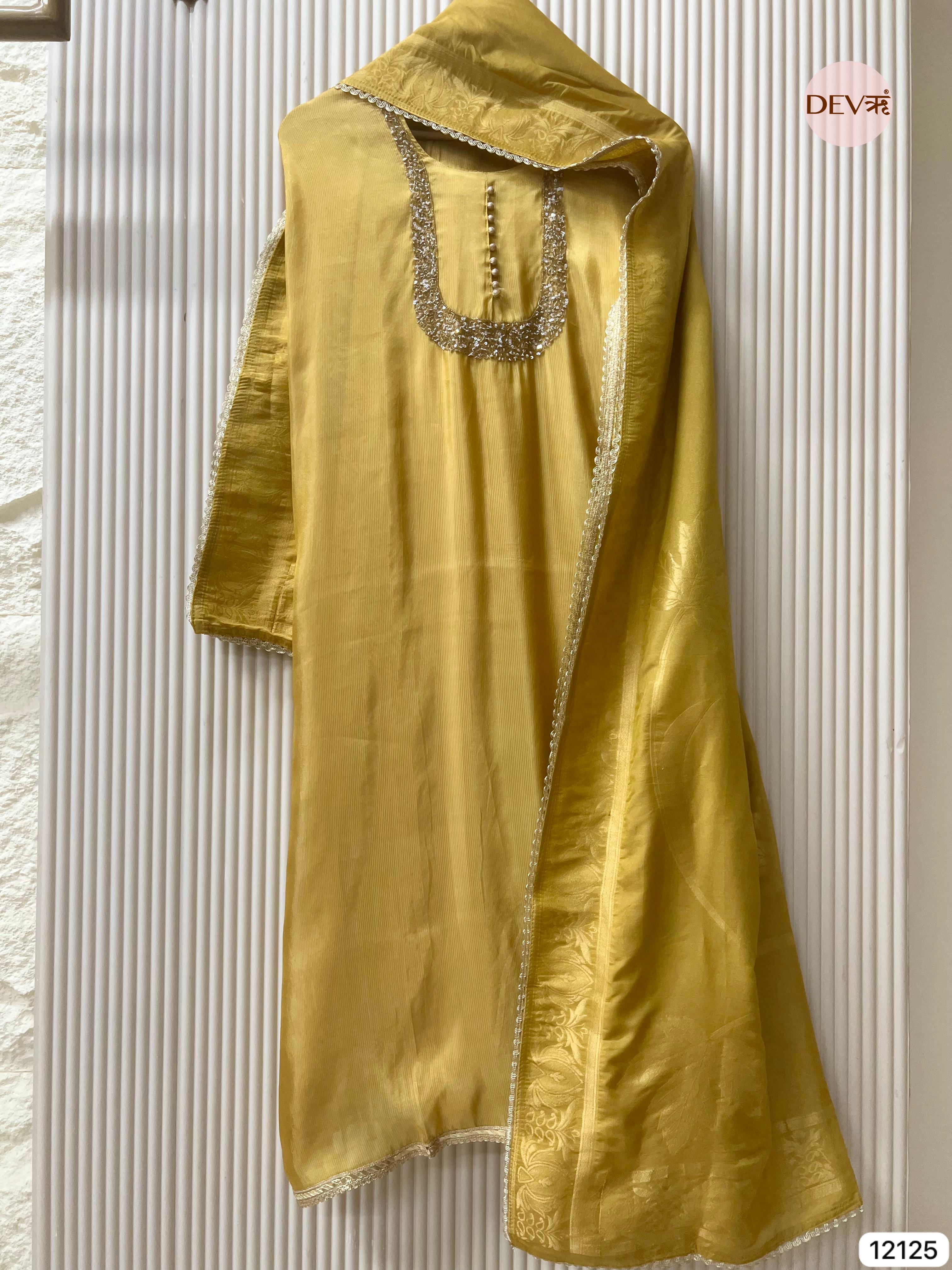 Yellow Shimmer Silk Unstitched Hand Embroidered -Set Of 3 - {12125}